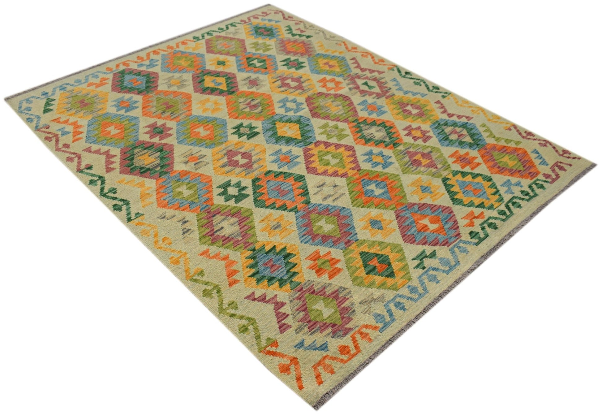 Handwoven Afghan Maimana kilim rug featuring a colorful geometric diamond pattern on a light base.