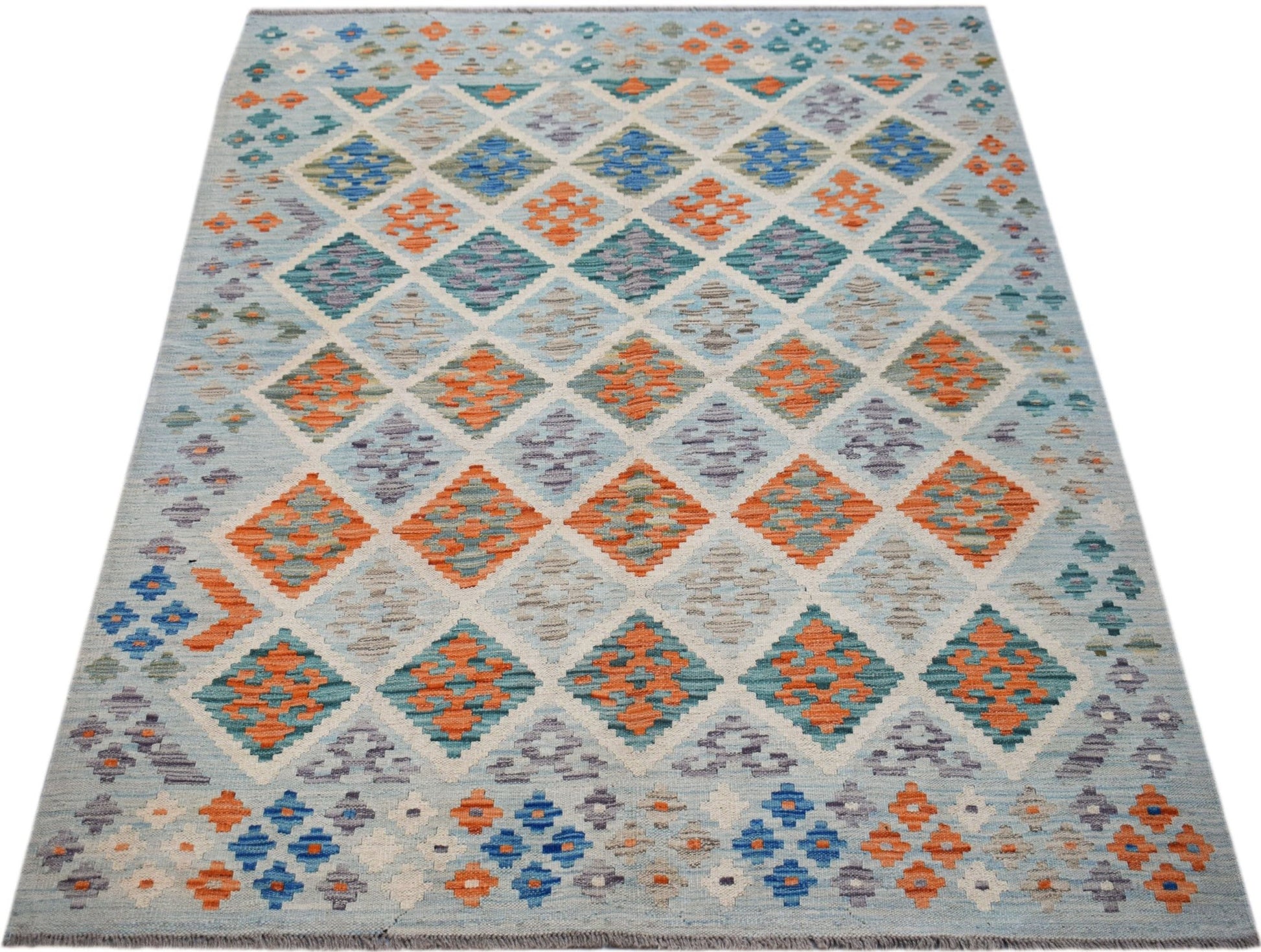 Handwoven Afghan Maimana Kilim rug featuring a geometric diamond pattern in blue and orange.