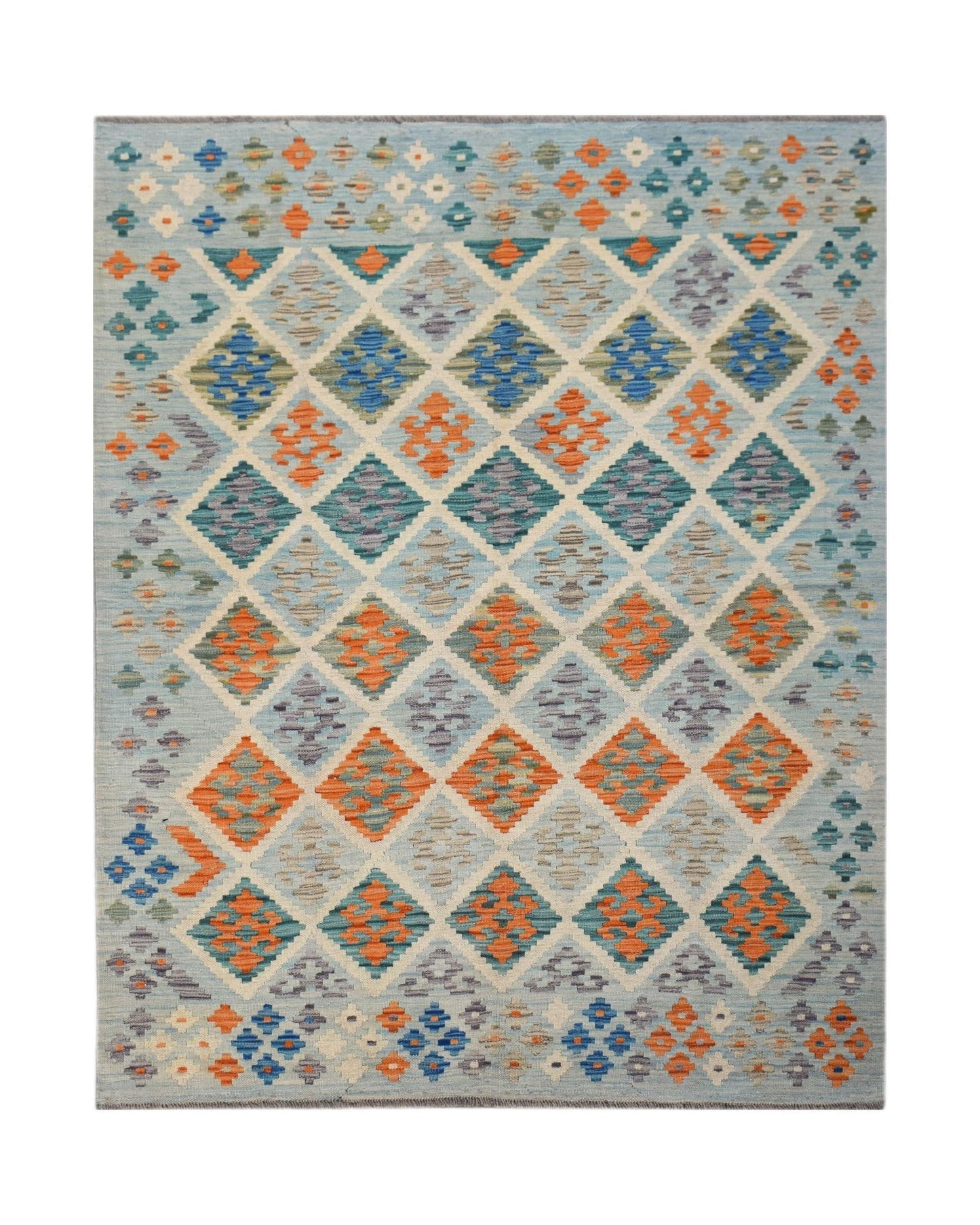 Handwoven Afghan Maimana kilim rug featuring a geometric diamond pattern in blue and orange tones.
