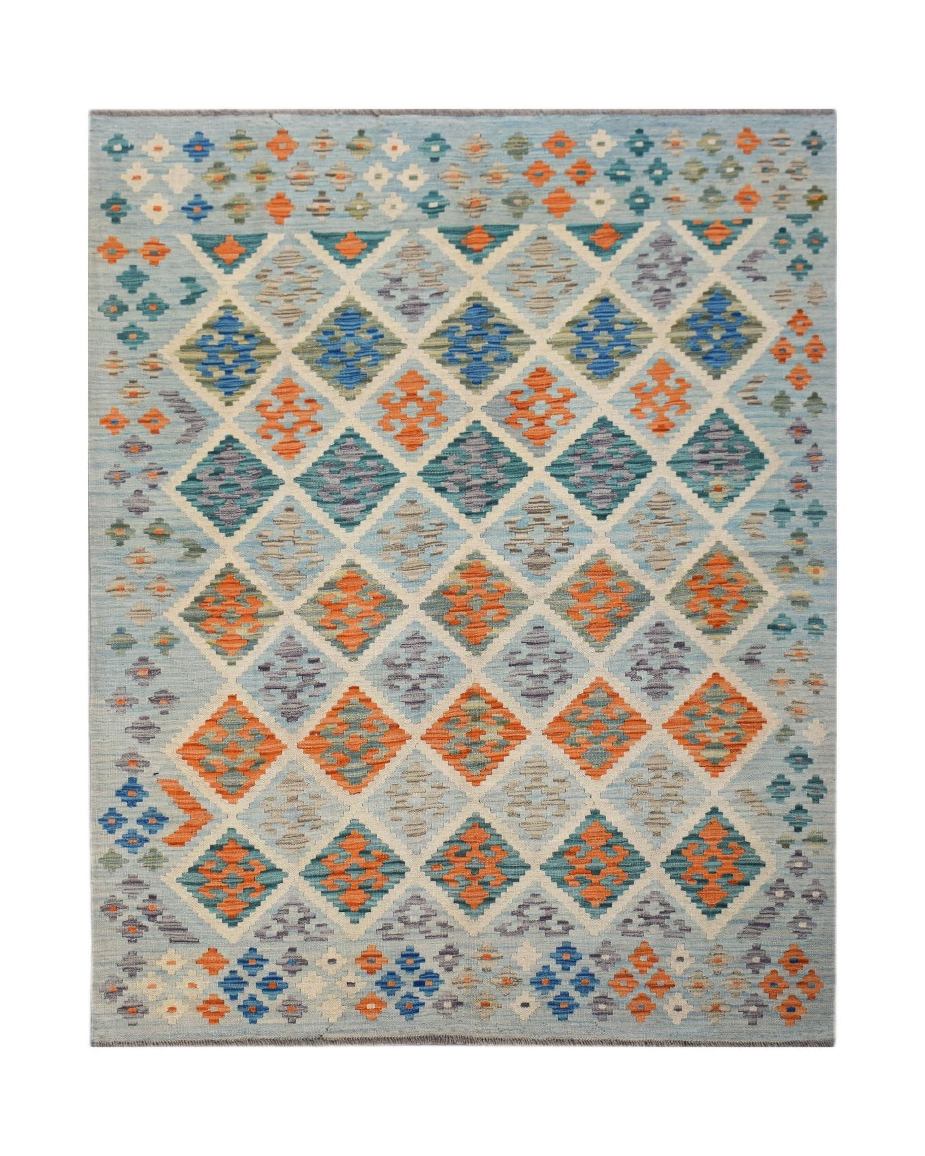 Handwoven Afghan Maimana kilim rug featuring a geometric diamond pattern in blue and orange tones.