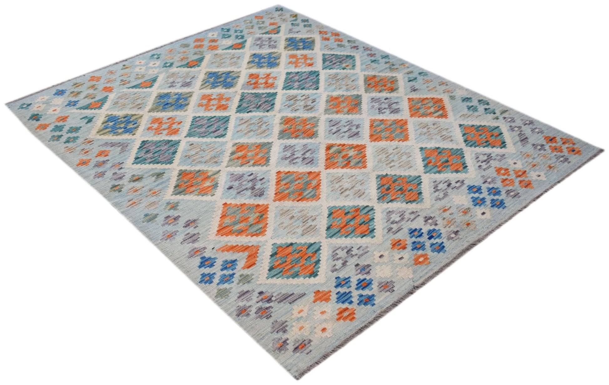 Handwoven Afghan Maimana kilim rug featuring a geometric diamond pattern in blue and orange.