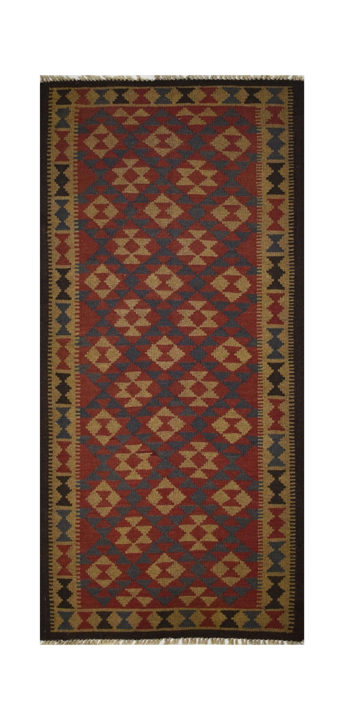 Handmade Afghan Maimana kilim rug featuring a geometric diamond pattern in red, tan, and charcoal.