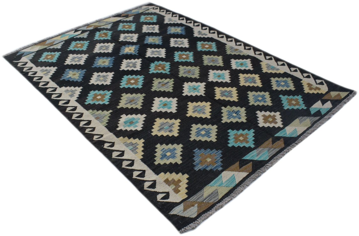 Handwoven Afghan Maimana kilim rug featuring a black field with colorful geometric diamond motifs.