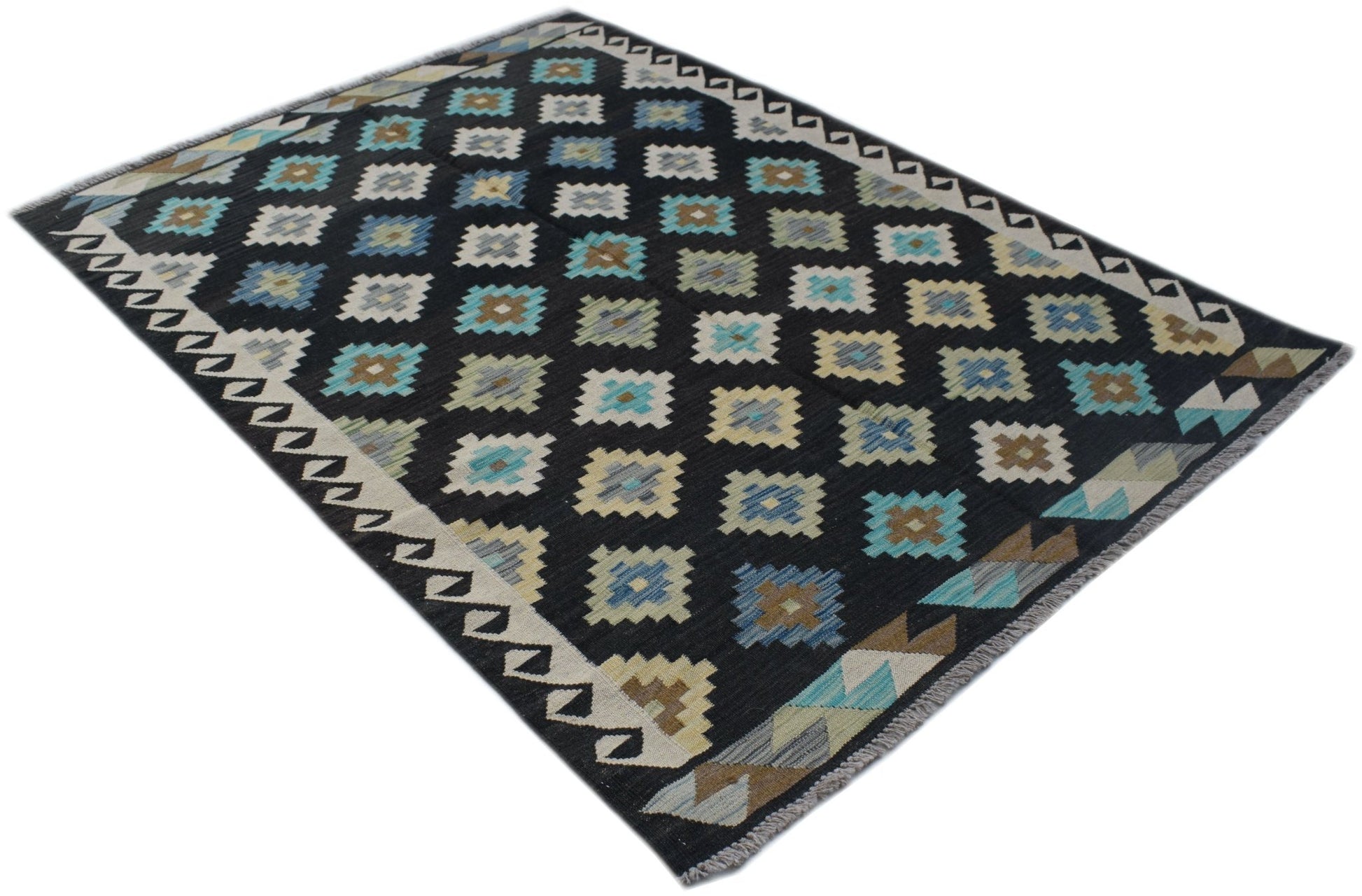 Handwoven Afghan Maimana kilim rug featuring a black field with colorful geometric diamond motifs.