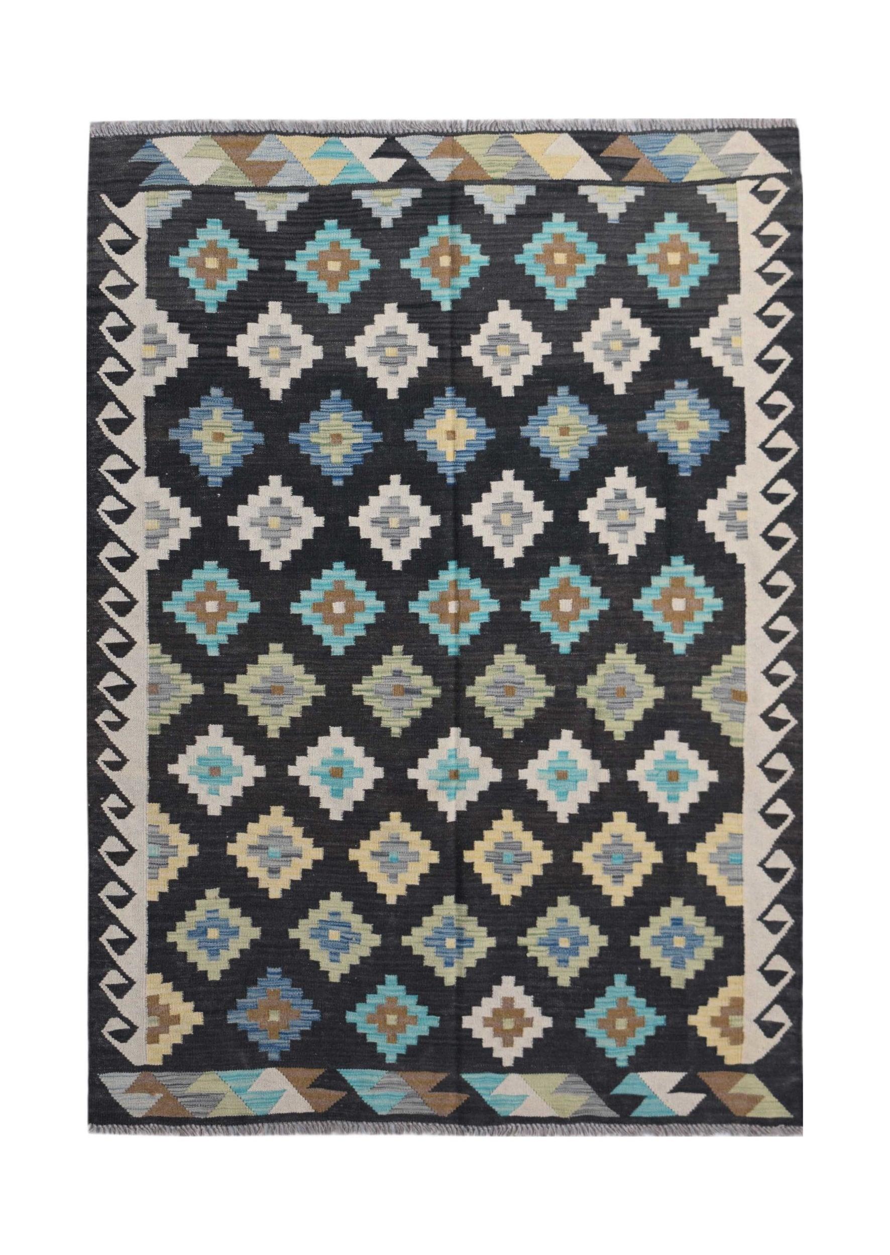 Handwoven Afghan Maimana kilim rug featuring a black background with colorful geometric patterns.