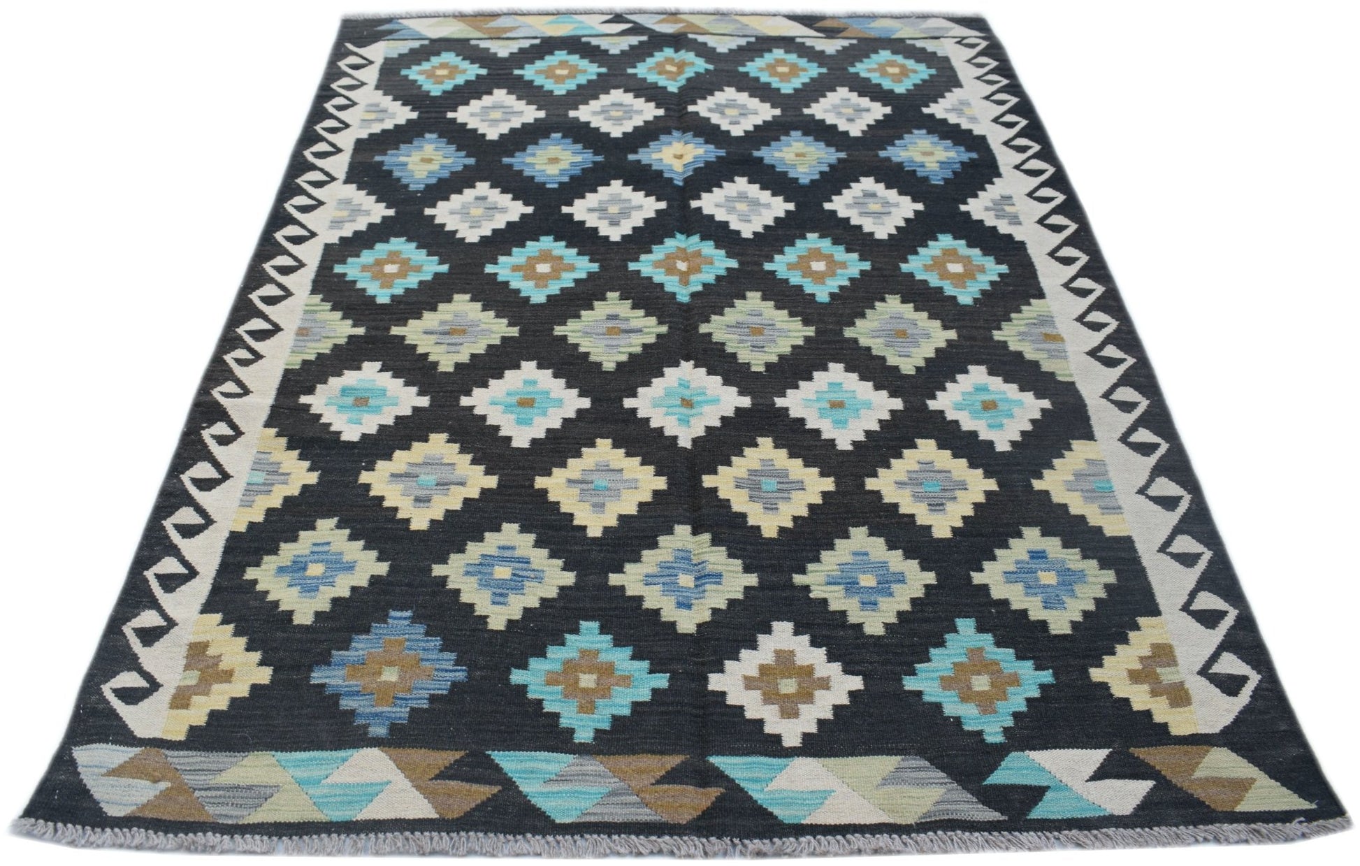 Handwoven Afghan Maimana kilim rug featuring a dark background with colorful geometric patterns.
