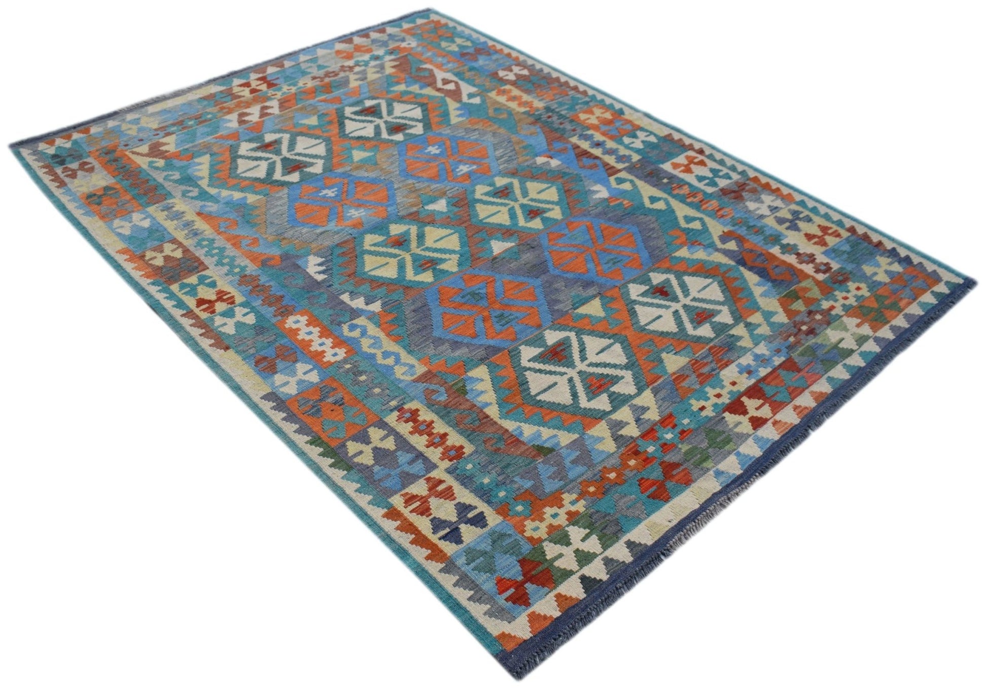 Handwoven Afghan Maimana kilim rug featuring a geometric pattern in blue, orange, and cream tones.