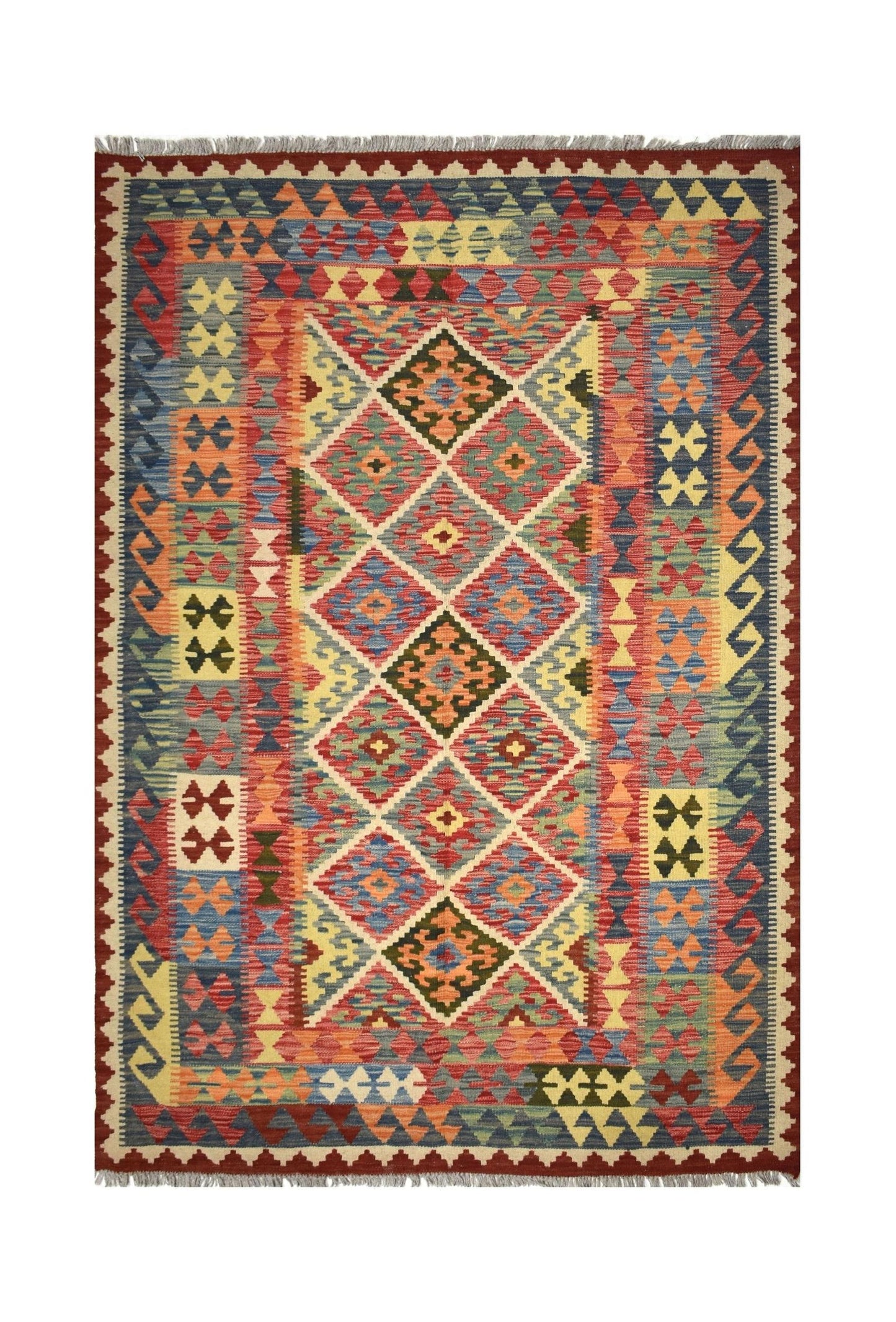 Handmade Afghan Maimana kilim rug featuring a colorful geometric diamond pattern.