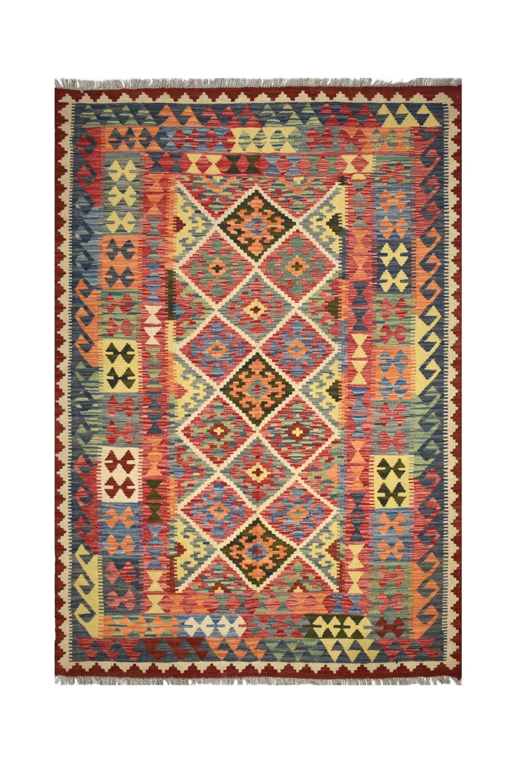 Handmade Afghan Maimana kilim rug featuring a colorful geometric diamond pattern.