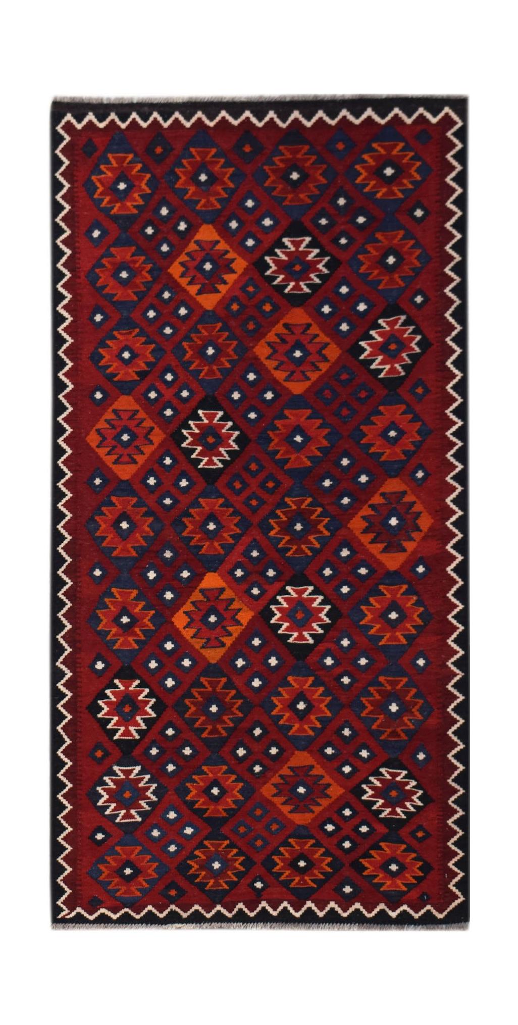 Handwoven Afghan Maimana kilim featuring a geometric diamond pattern in red, blue, and orange.