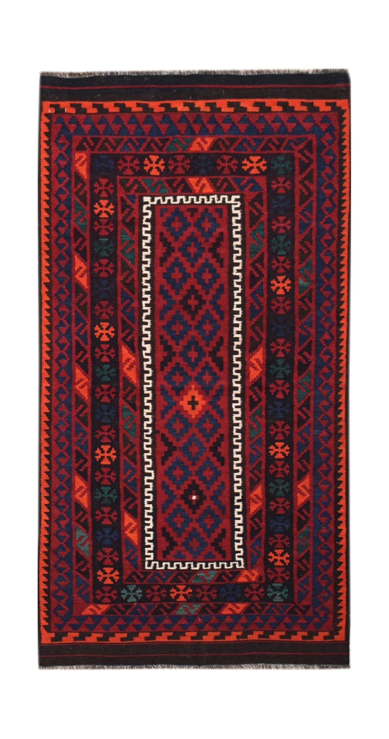 Handwoven Afghan Maimana kilim featuring a geometric diamond pattern in red, blue, and black.