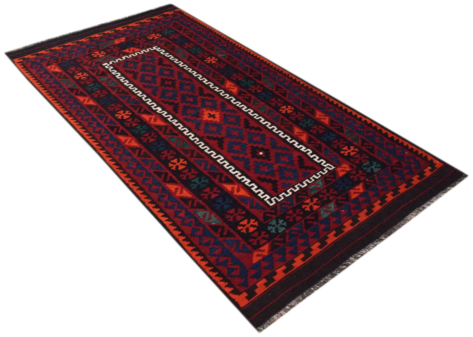 Handwoven Afghan Maimana kilim rug featuring a geometric pattern in red, blue, and dark tones.
