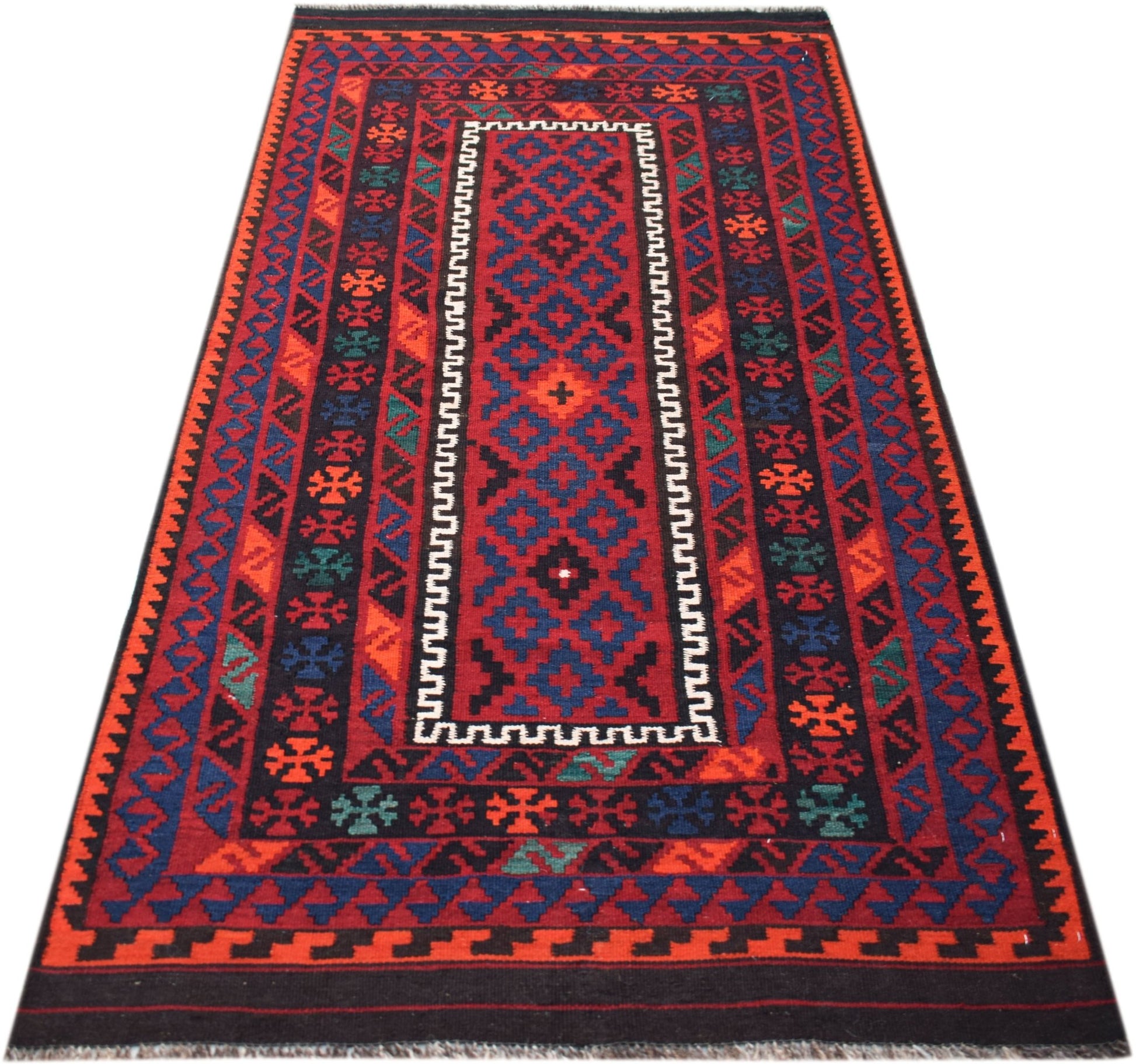 Handwoven Afghan Maimana kilim rug featuring a geometric pattern in red, blue, and black wool.