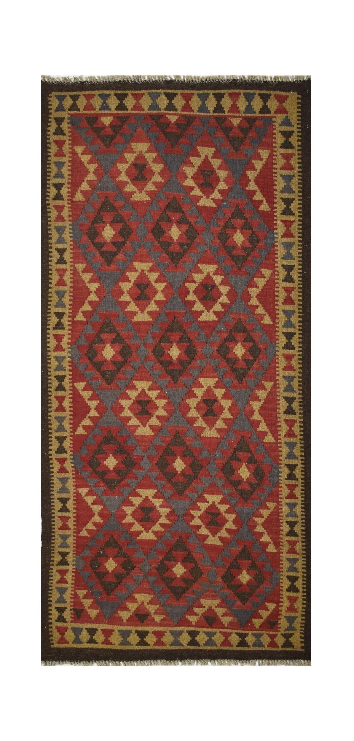 Handmade Afghan Maimana kilim rug featuring a geometric diamond pattern in red, brown, and tan.