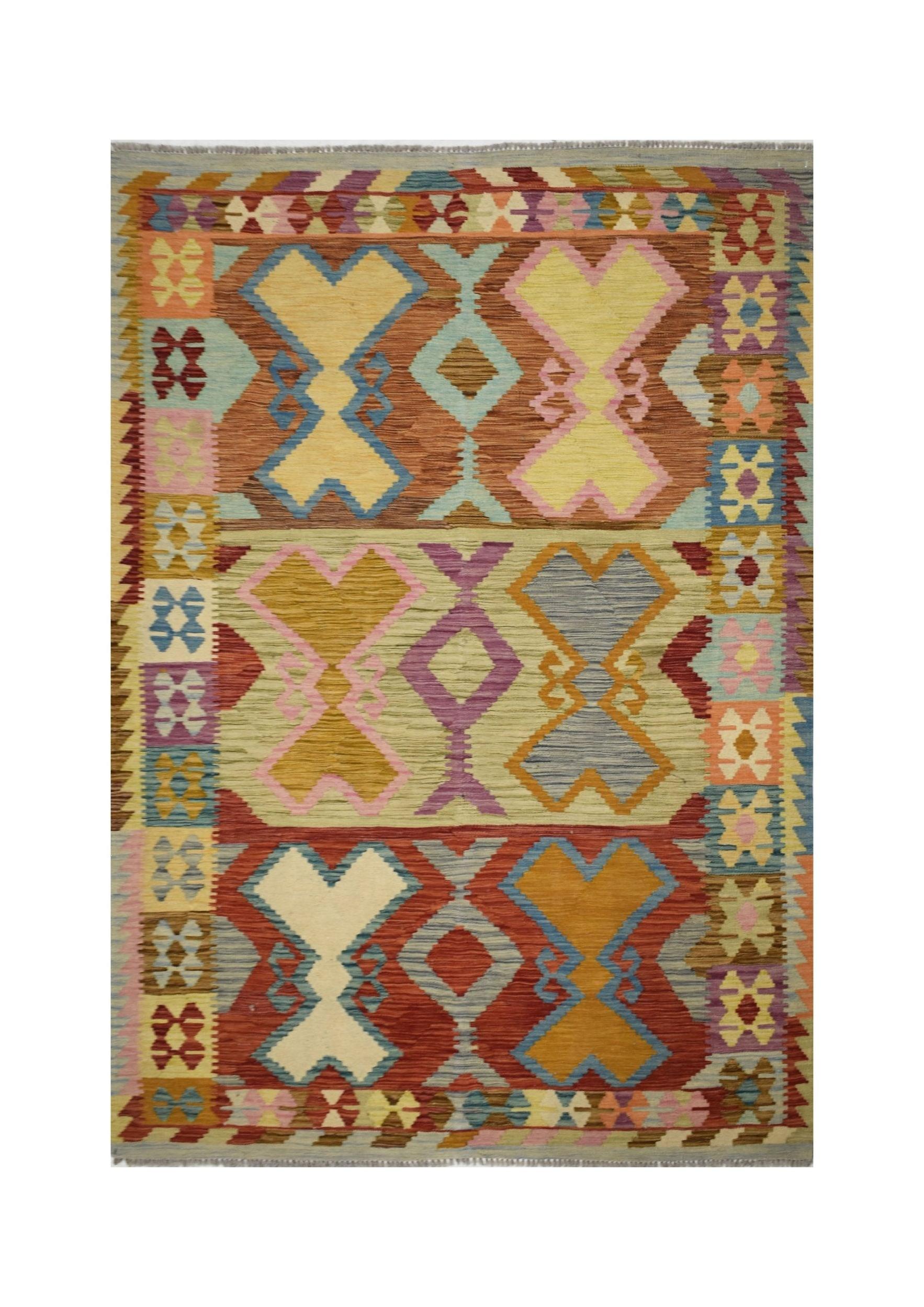 Handmade Afghan Maimana kilim rug featuring a colorful geometric pattern in natural wool.