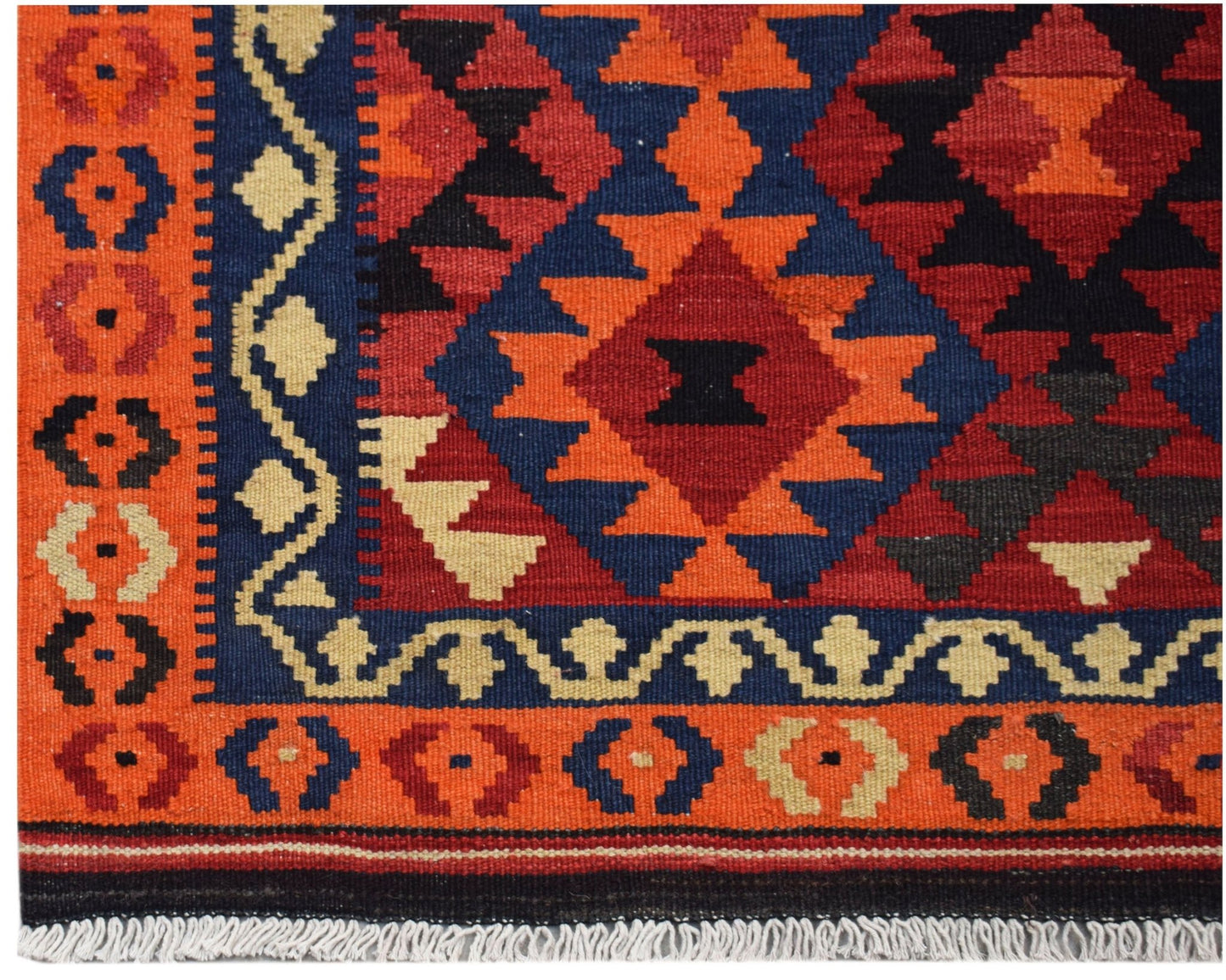 Handwoven Afghan Maimana kilim featuring a geometric pattern in red, orange, blue, and cream.