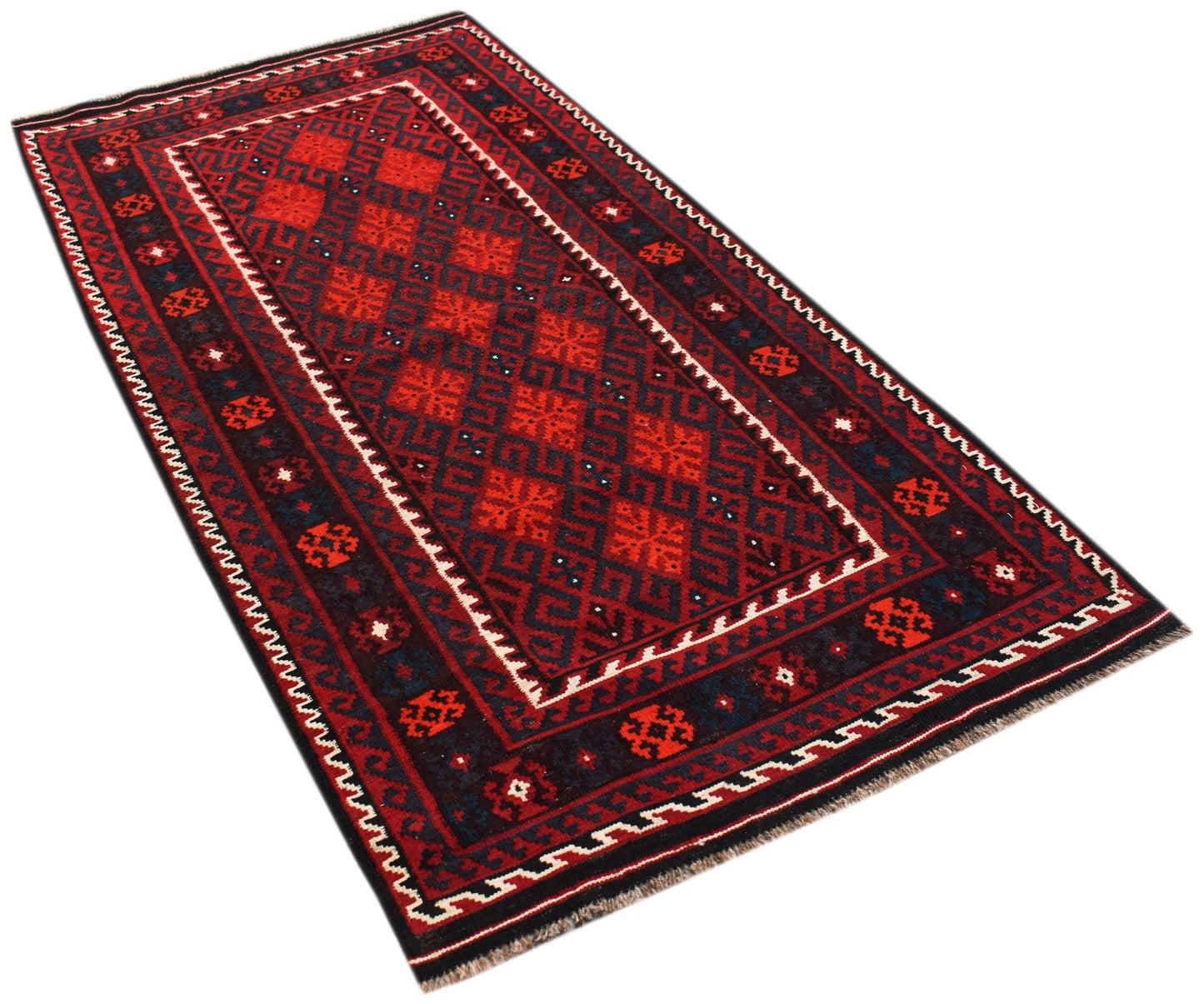 Handwoven Afghan Maimana kilim rug featuring a geometric pattern in deep red and dark blue tones.