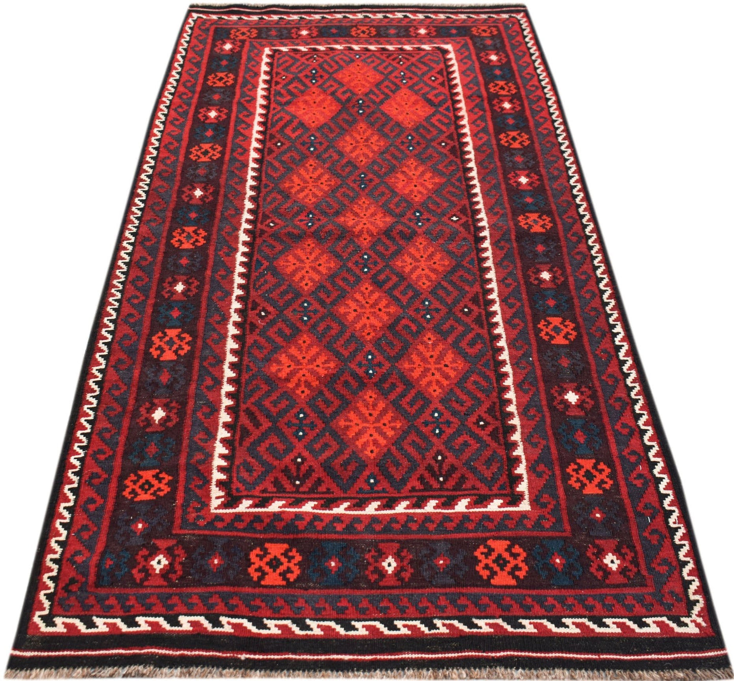 Handwoven Afghan Maimana kilim rug featuring a geometric diamond pattern in red and dark blue.