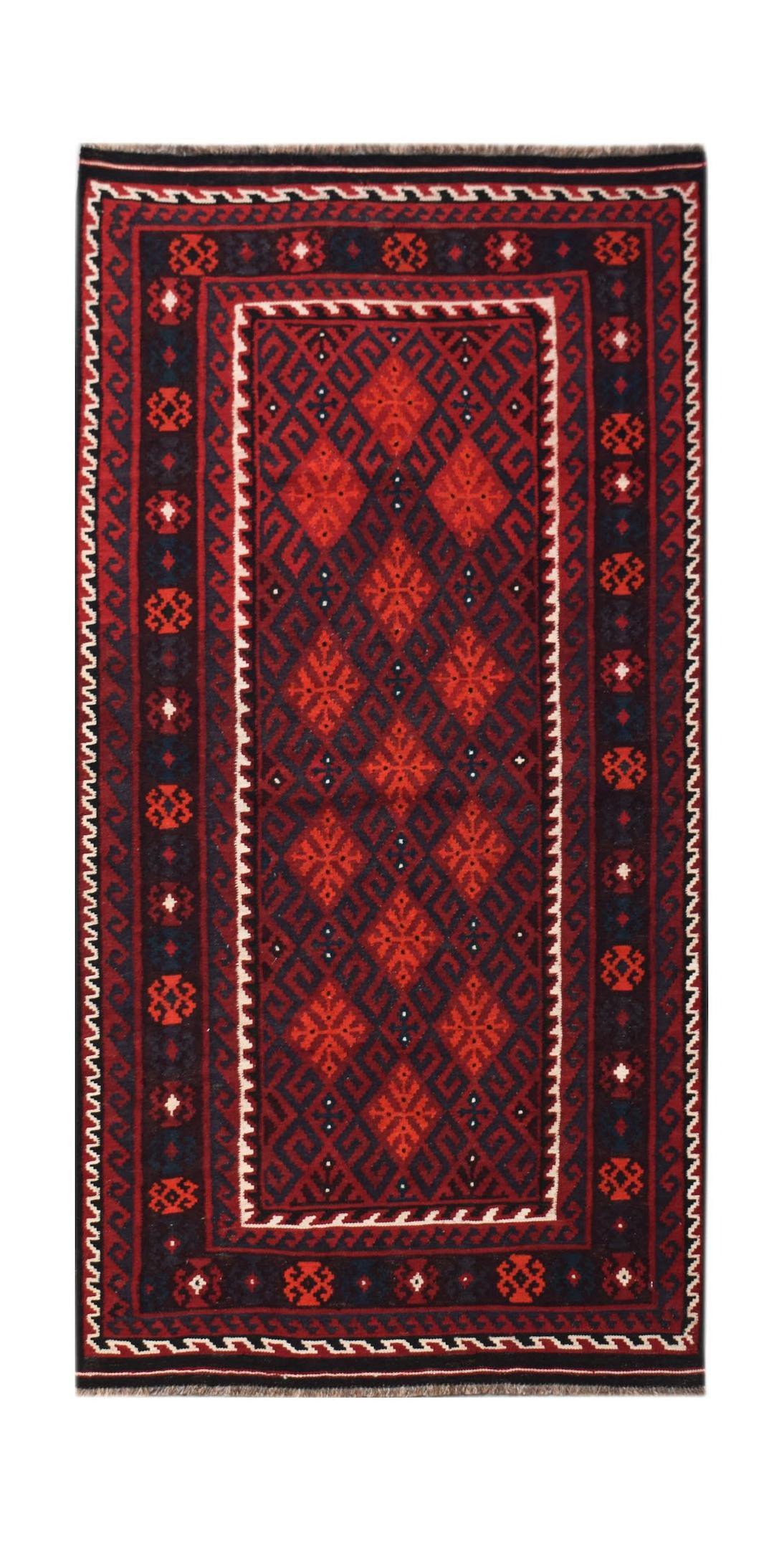 Handwoven Afghan Maimana kilim rug featuring a geometric diamond pattern in red and dark blue.