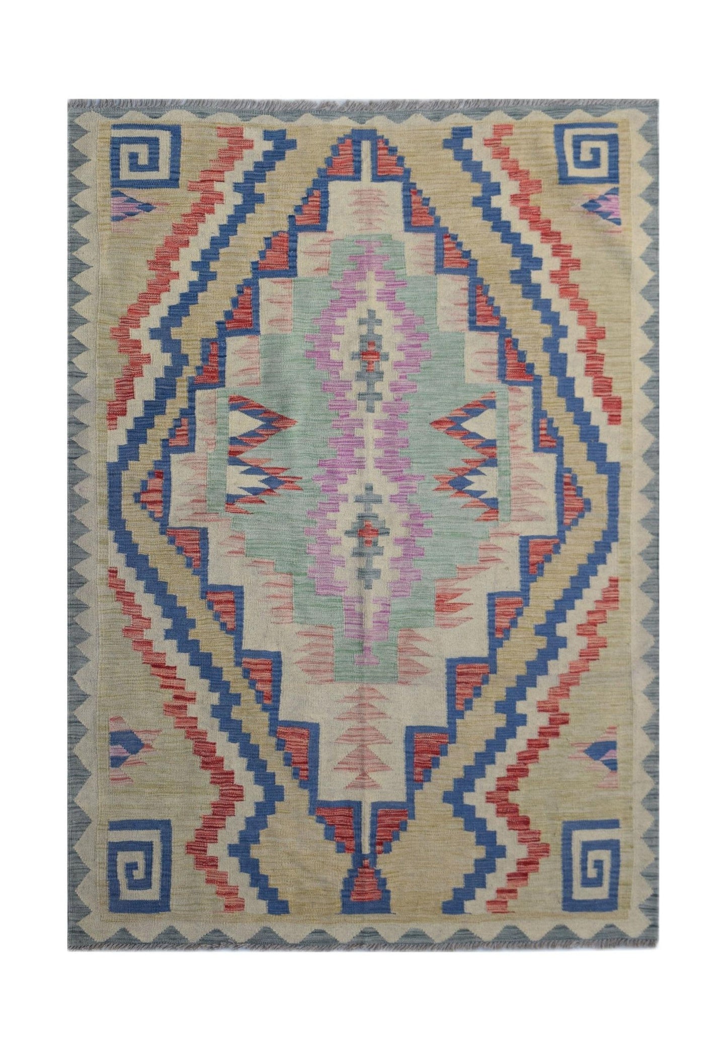 Handwoven Afghan Maimana kilim rug featuring a geometric diamond pattern in blue, red, and green.
