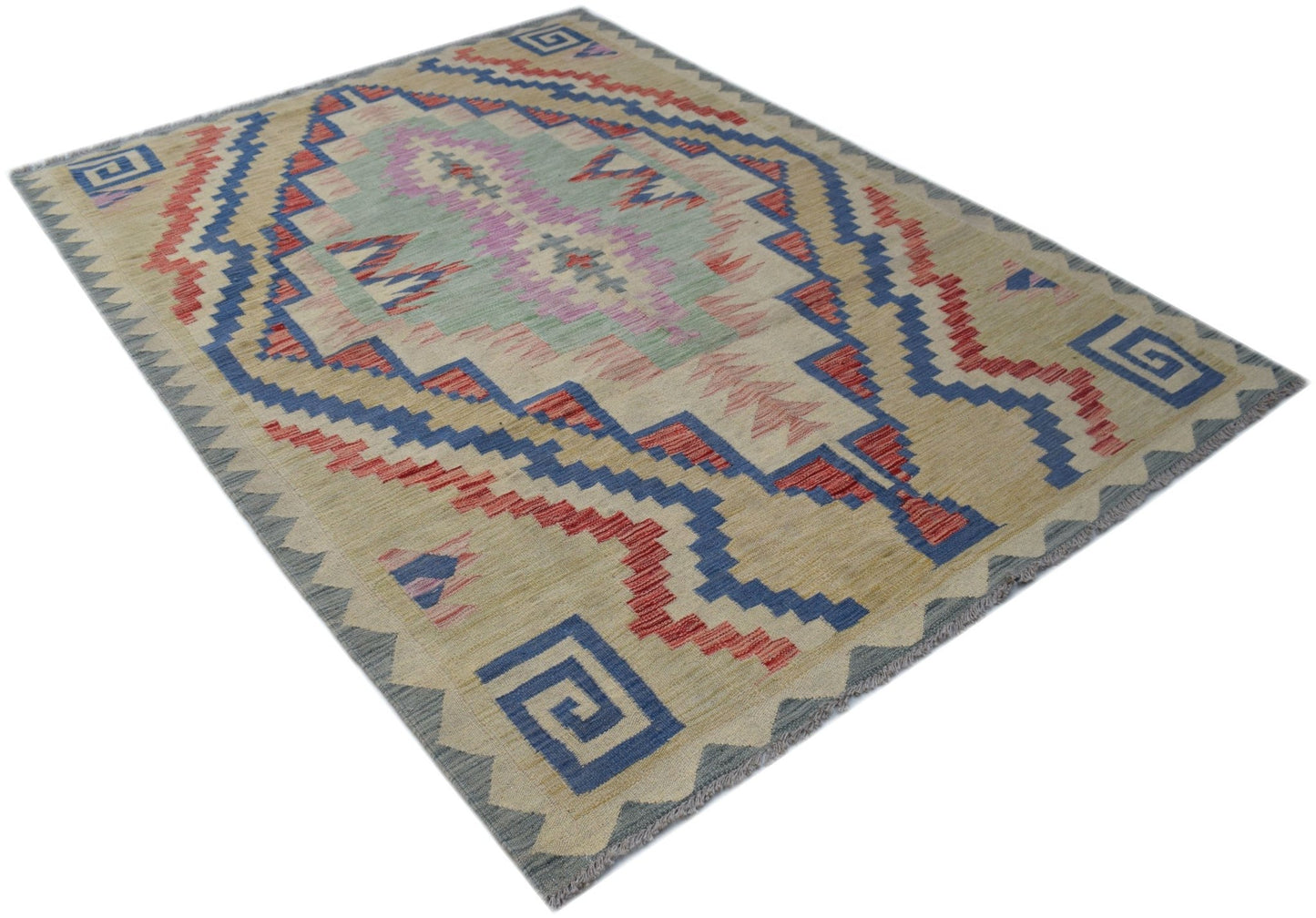 Handmade Afghan Maimana kilim rug featuring a geometric pattern in blue, red, and soft green tones.