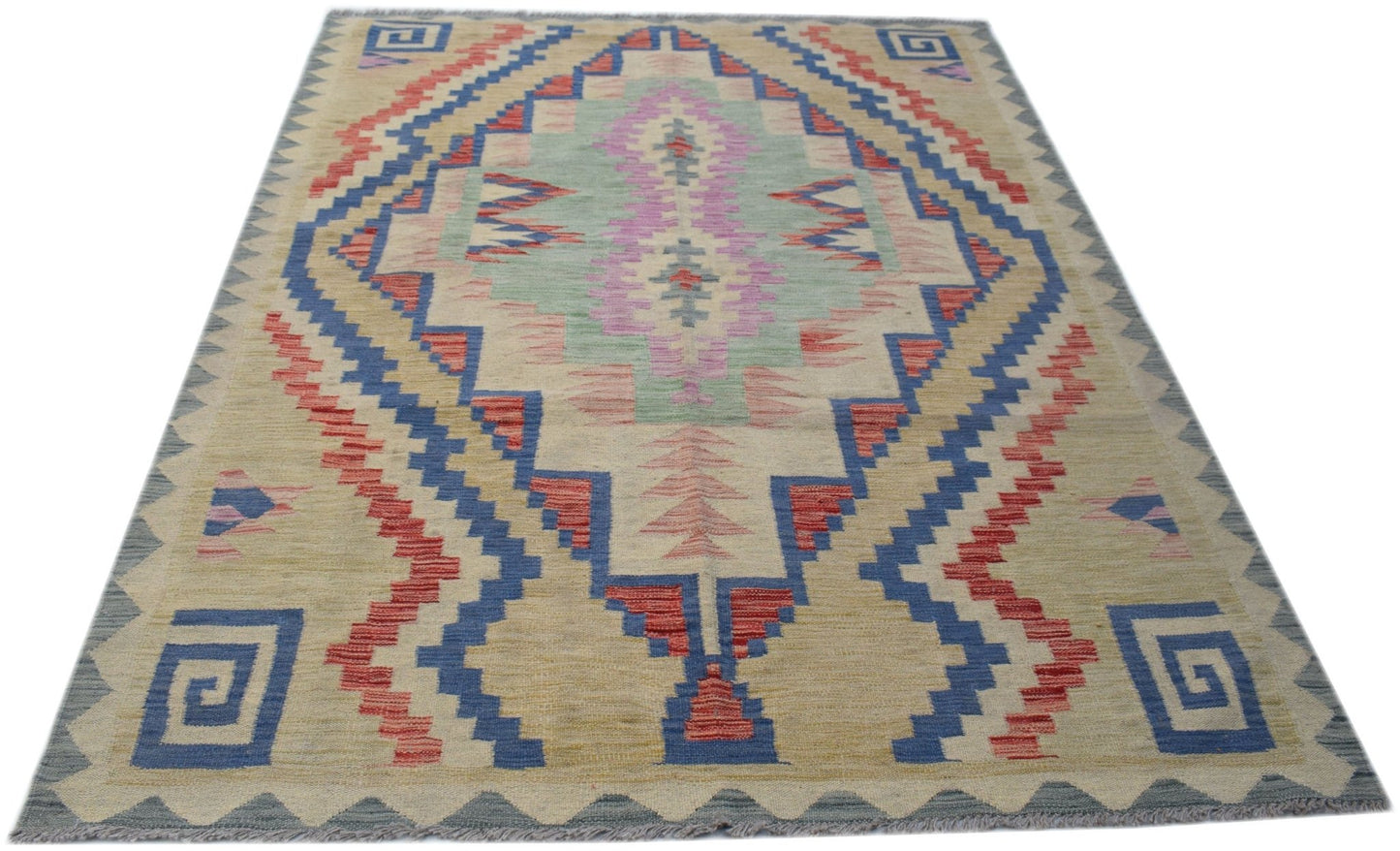 Handwoven Afghan Maimana kilim rug featuring a geometric diamond pattern in blue, red, and green.