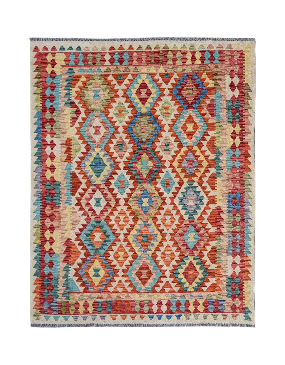 Afghan Maimana Kilim with geometric patterns in red, blue, and yellow.
