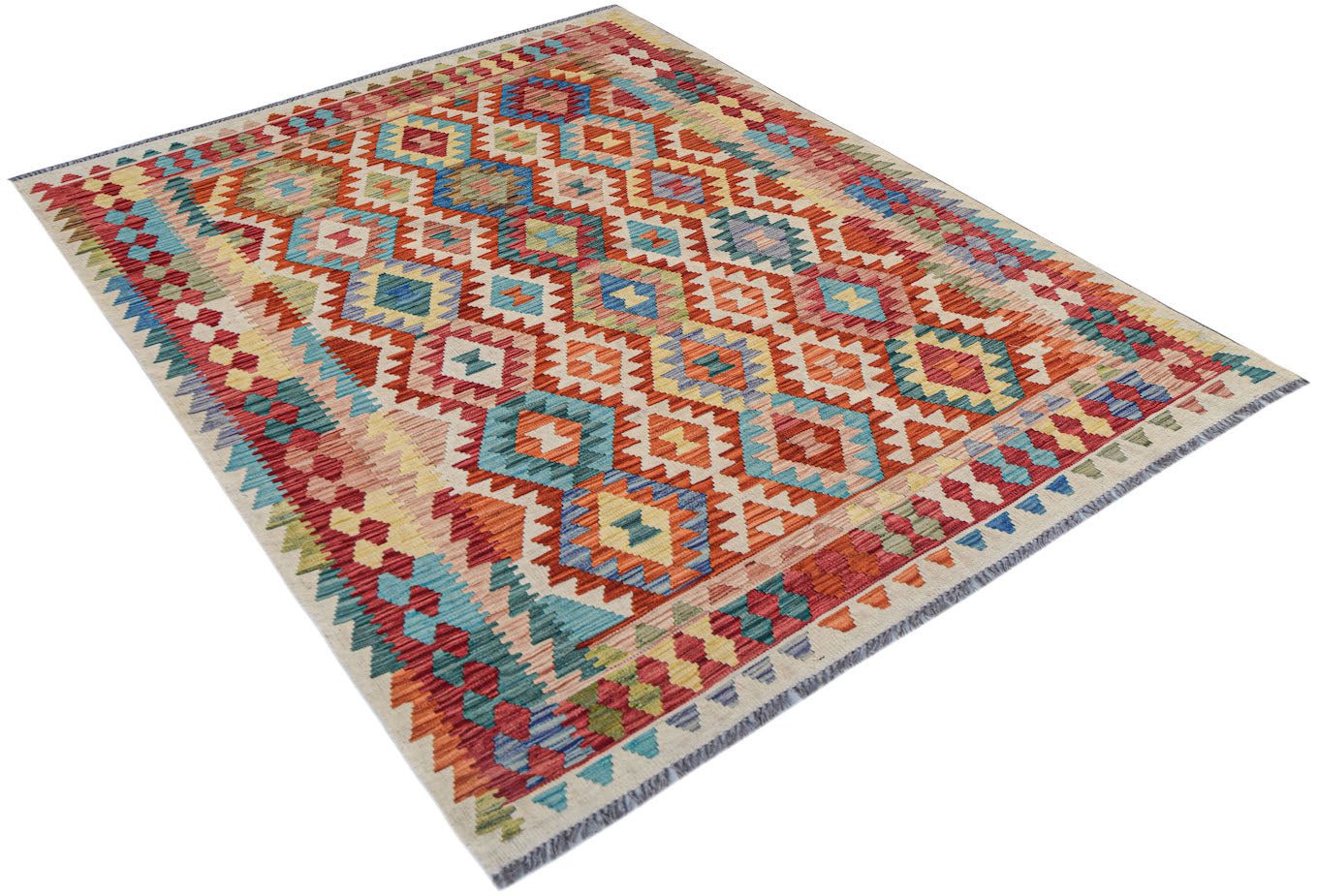 A rectangular Afghan Maimana kilim rug featuring a colorful geometric diamond pattern.
