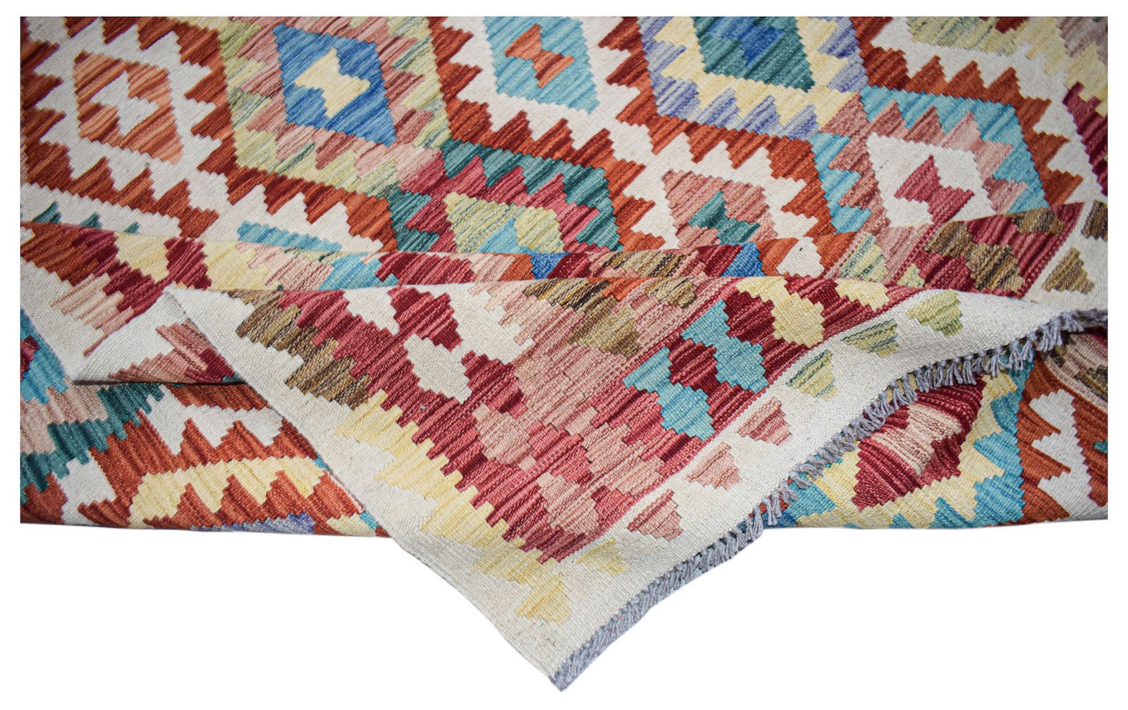 Afghan Maimana Kilim with geometric patterns in red, blue, and cream.