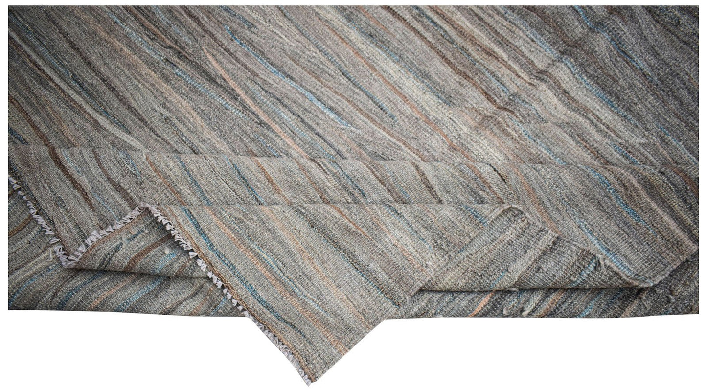 Afghan Maimana Kilim with diagonal stripes in grey, brown, and blue.