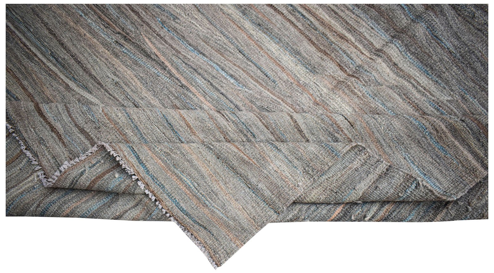 Afghan Maimana Kilim with diagonal stripes in grey, brown, and blue.