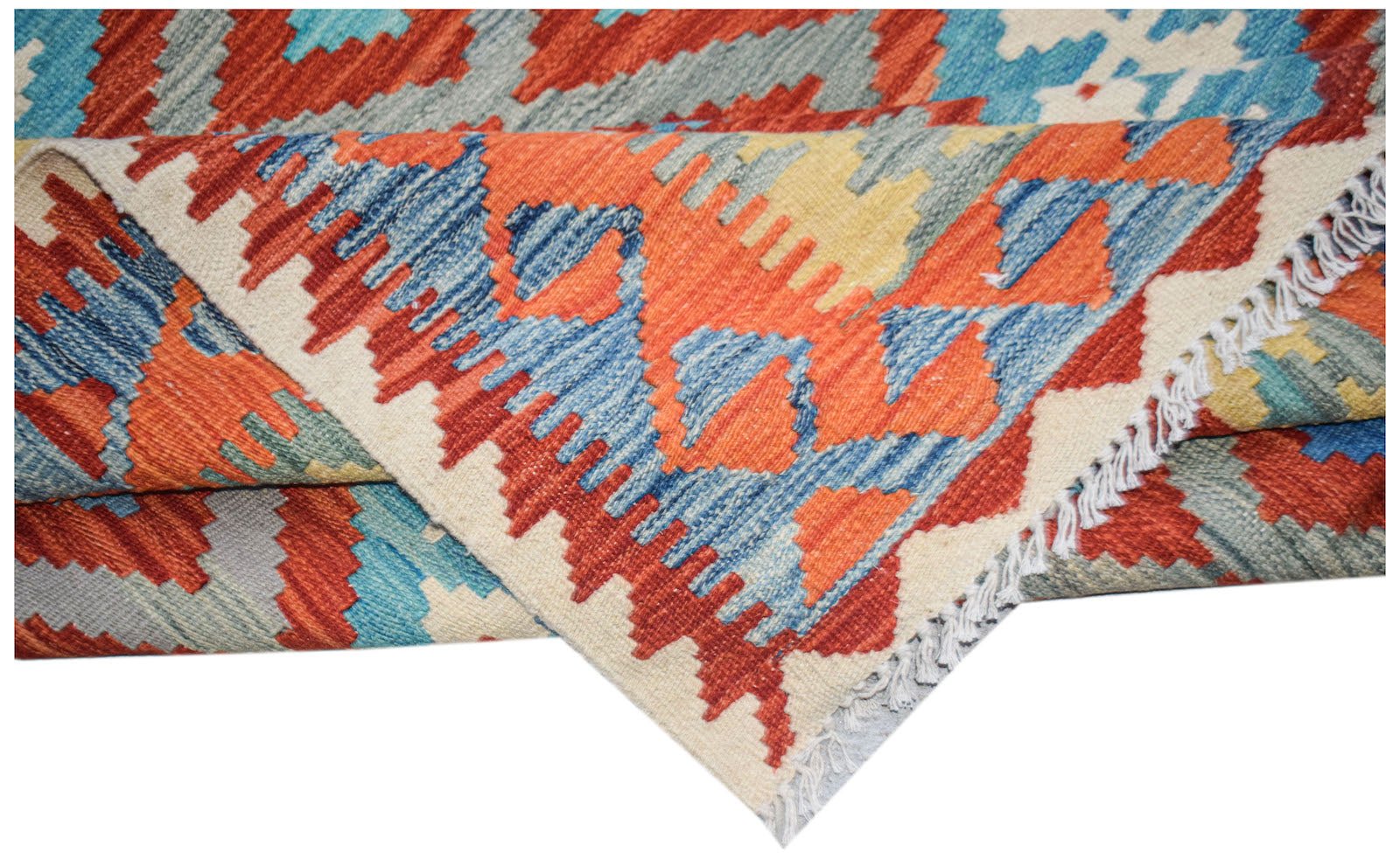 A handmade Afghan Maimana kilim rug featuring a geometric pattern in orange, blue, and cream.