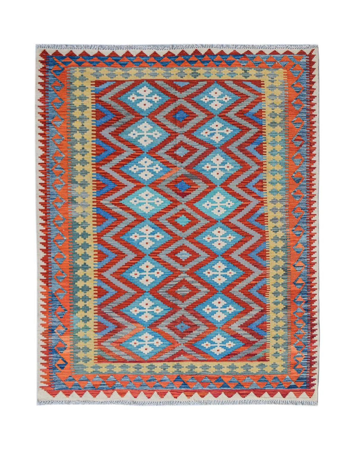 Afghan Maimana Kilim with geometric diamond patterns in red, blue, and orange.