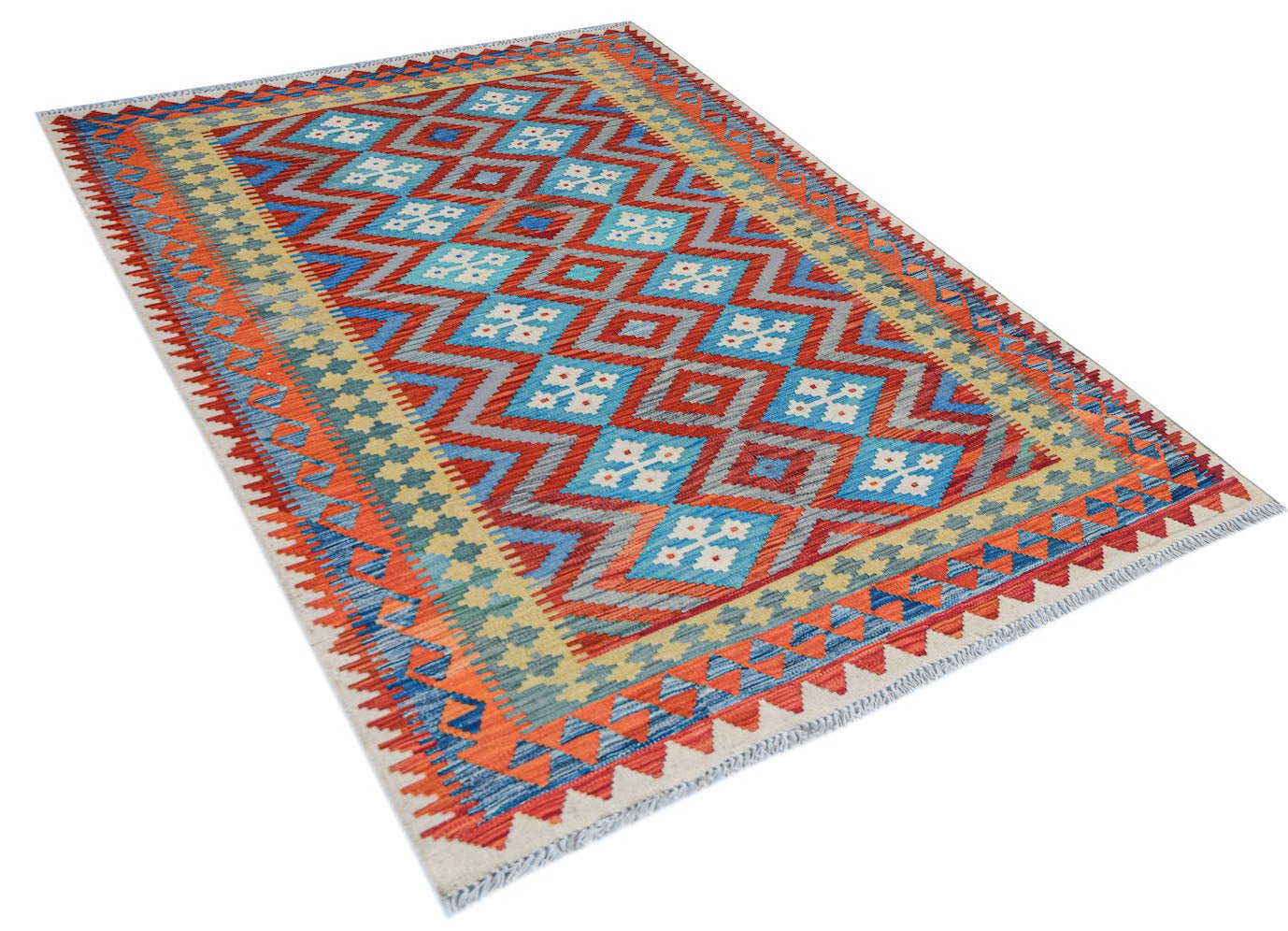 Afghan Maimana Kilim with geometric patterns in red, blue, and yellow.