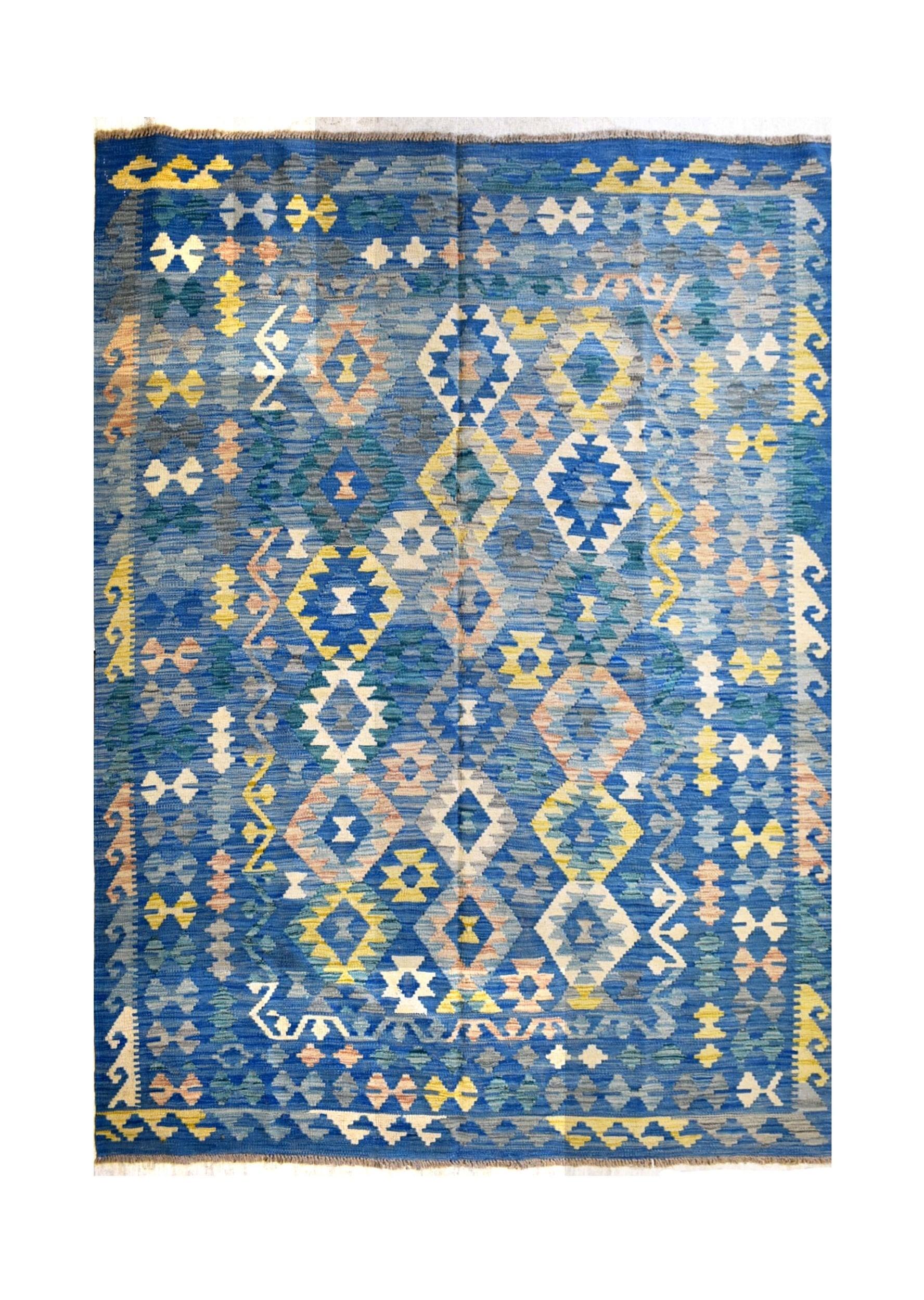 Handmade Afghan Maimana kilim rug featuring a blue field with intricate geometric diamond patterns.