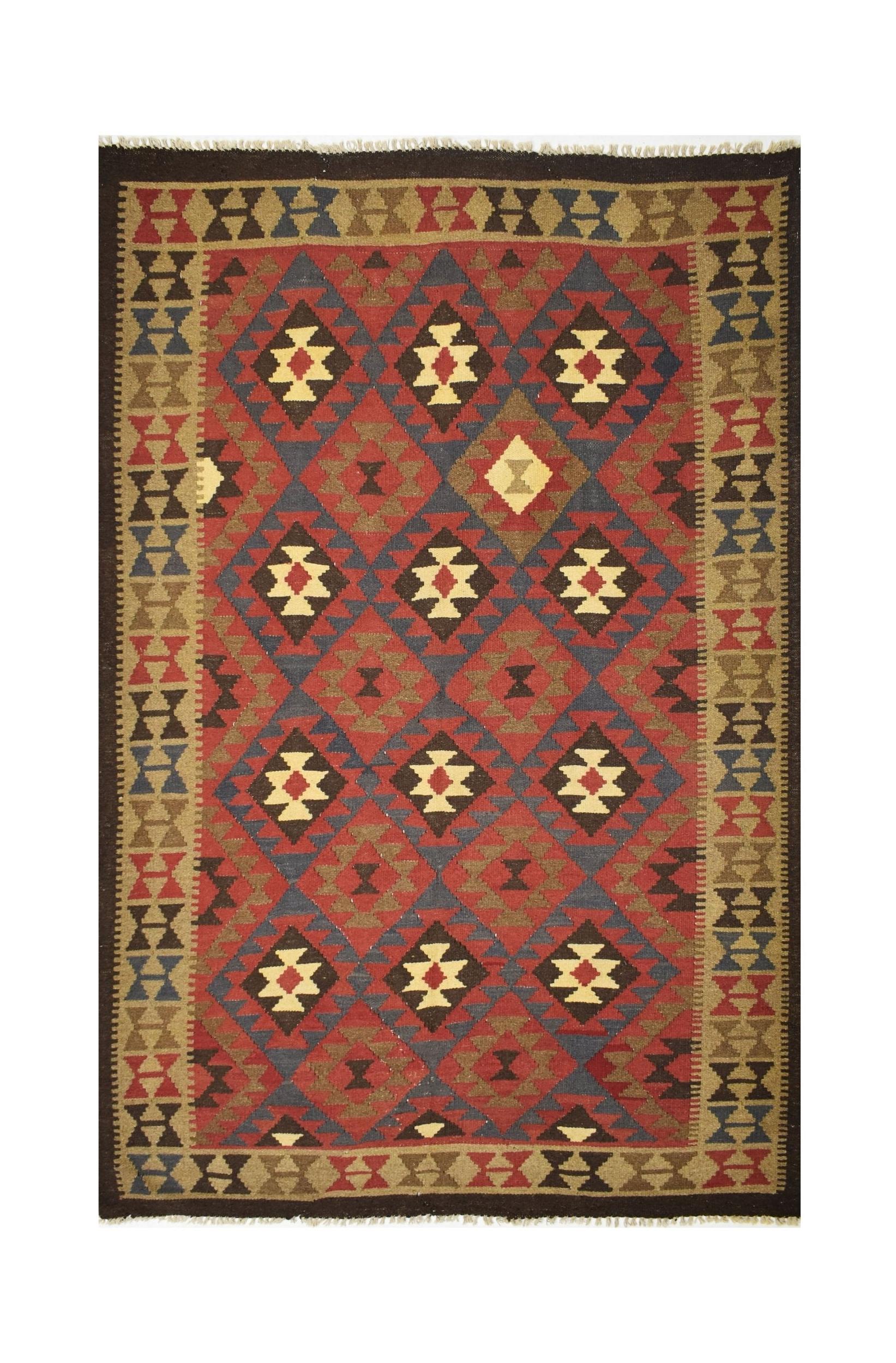 Handmade Afghan Maimana kilim rug featuring a geometric diamond pattern in red, blue, and tan.