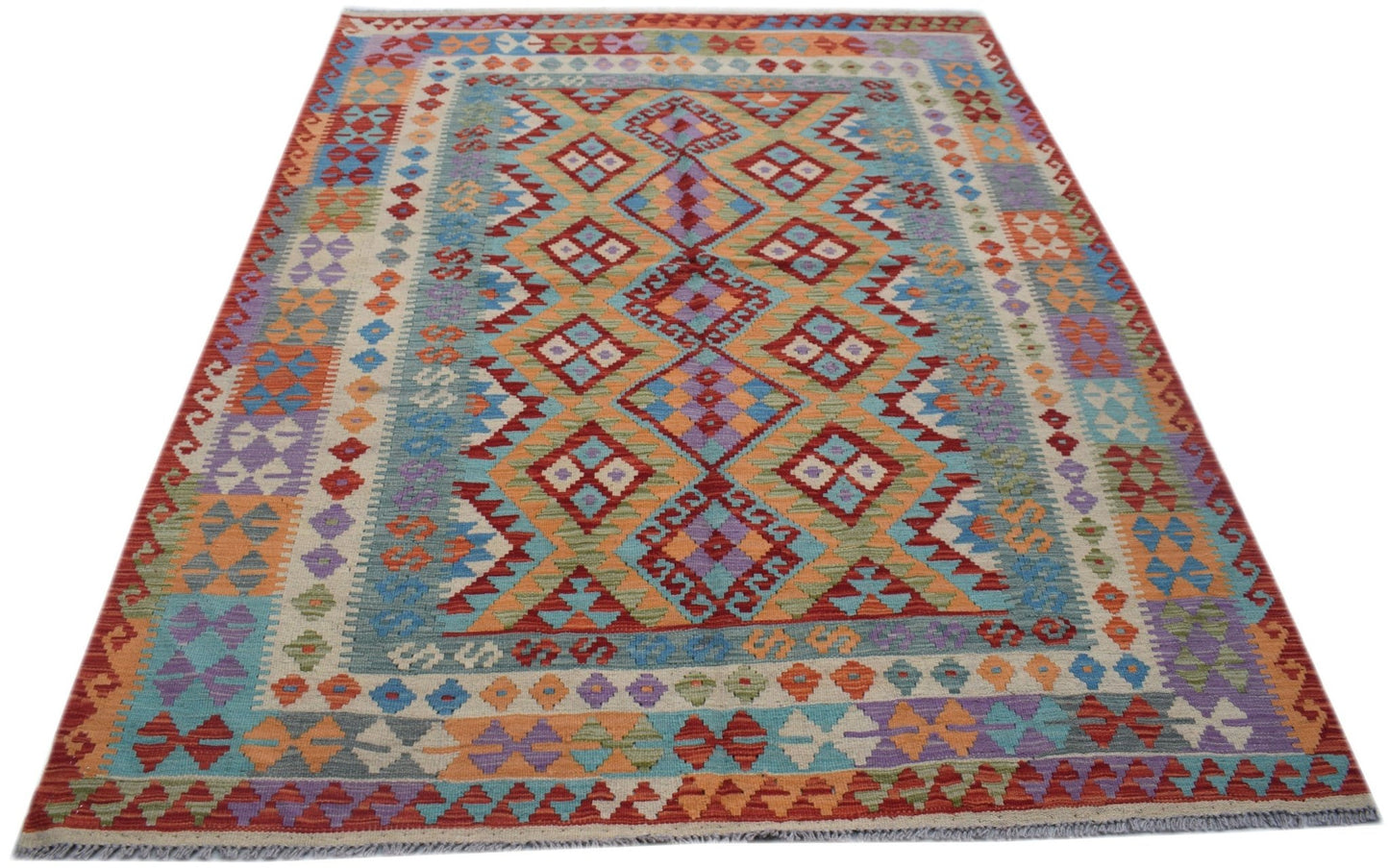 Handwoven Afghan Maimana kilim rug featuring a colorful geometric diamond pattern.