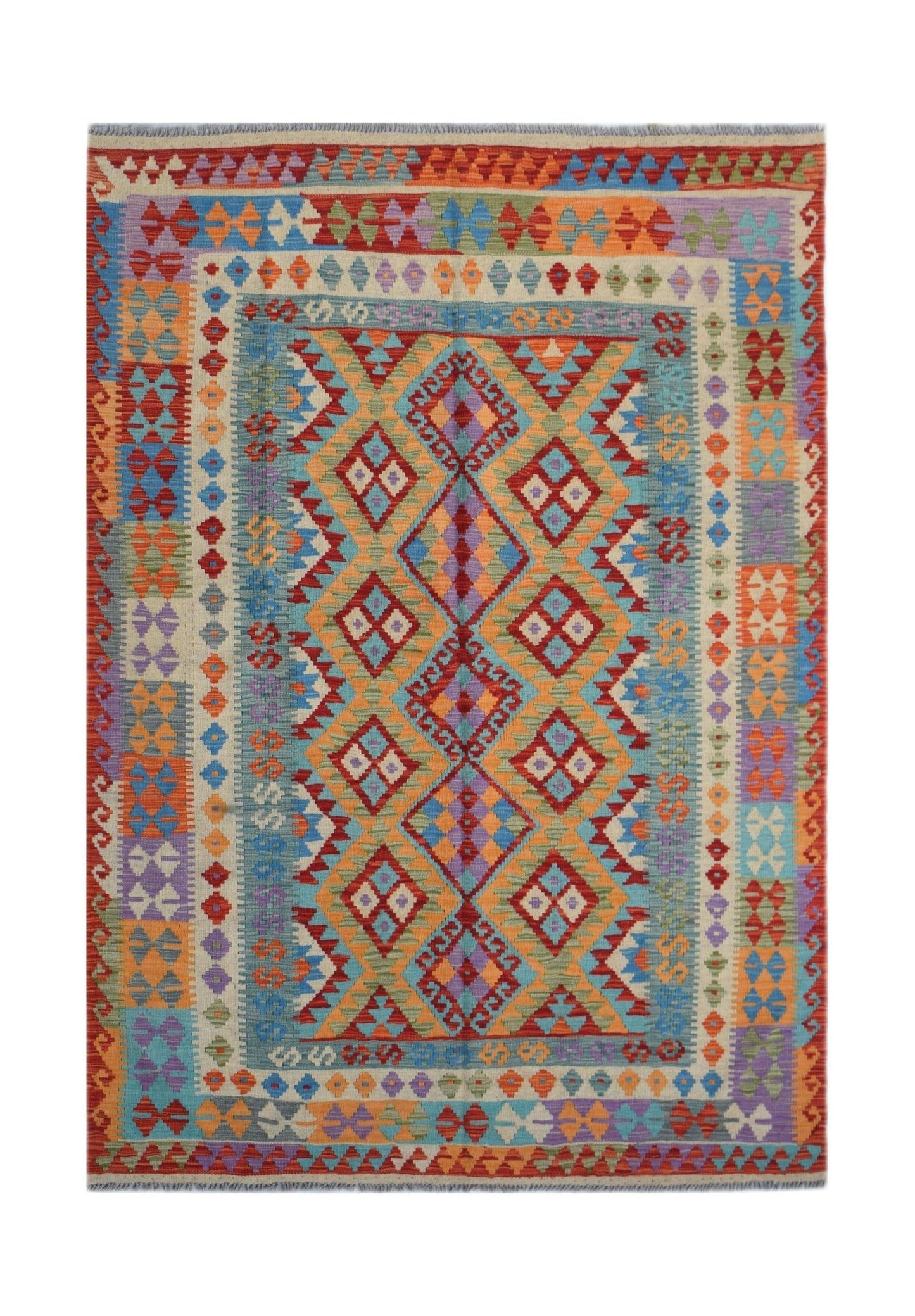 Handwoven Afghan Maimana kilim rug featuring a vibrant geometric diamond pattern in wool.