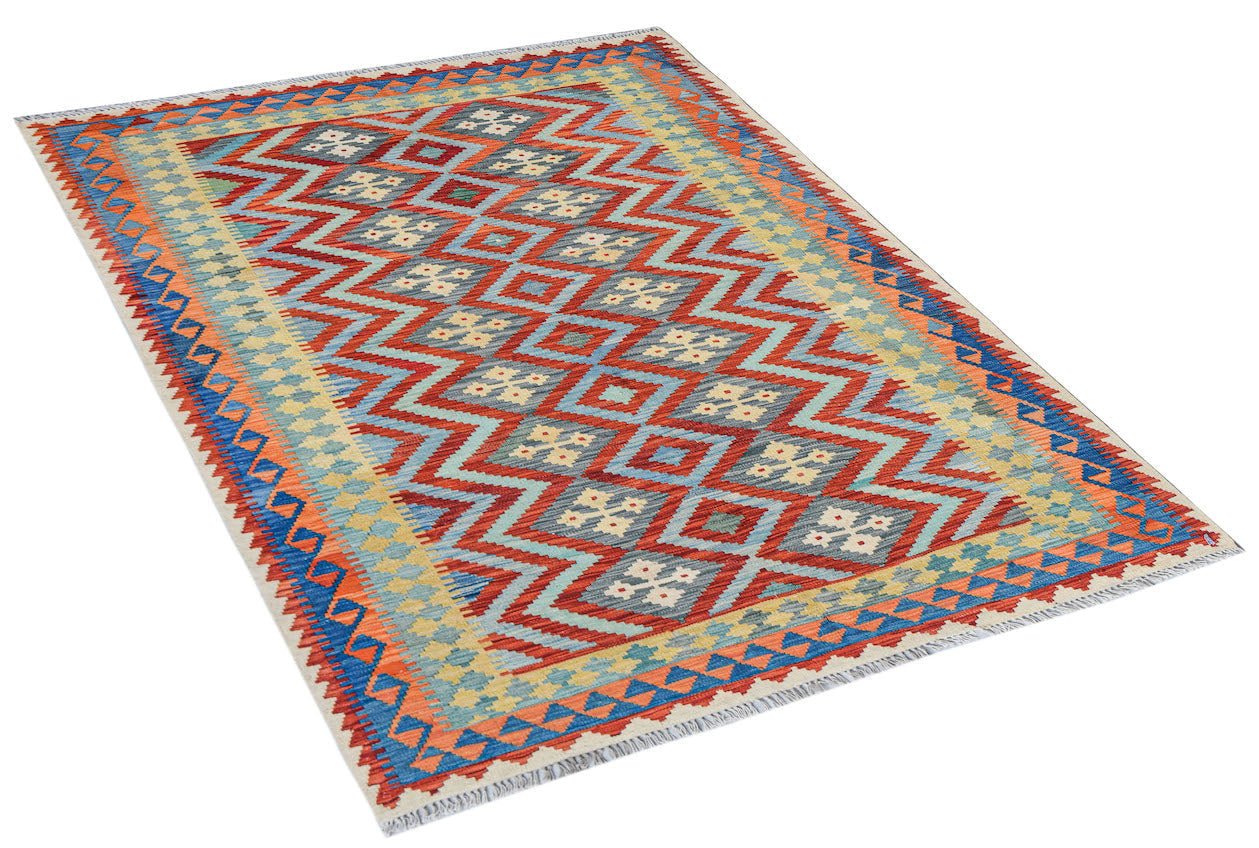 Handwoven Afghan Maimana kilim rug featuring a vibrant geometric pattern in red, blue, and yellow.