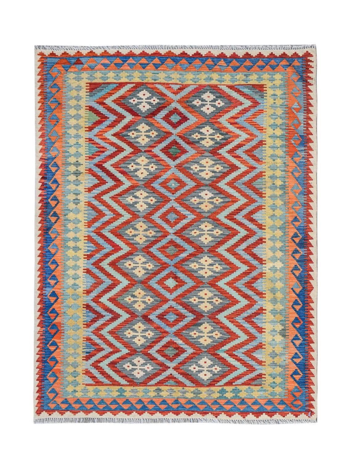 Afghan Maimana Kilim with geometric diamond patterns in red, blue, and orange.