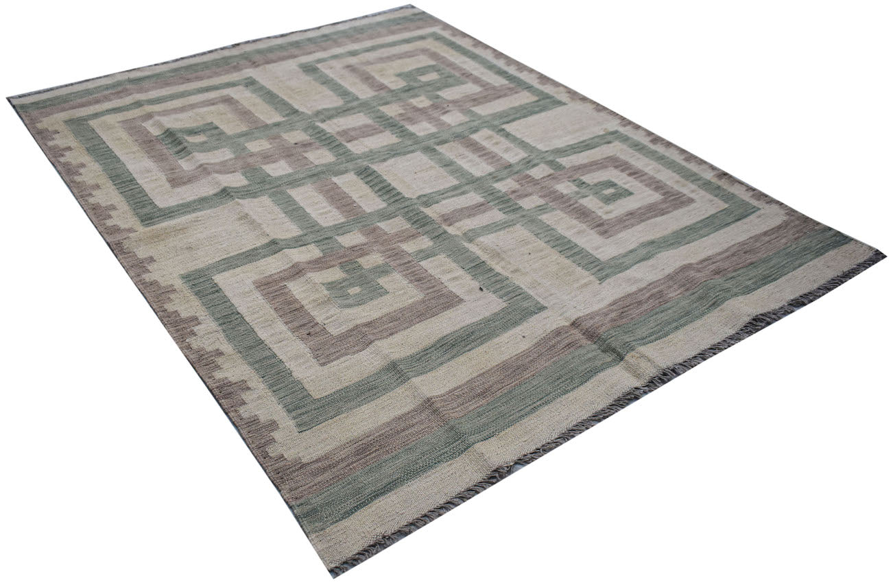 Afghan Maimana Kilim with geometric pattern in neutral tones.