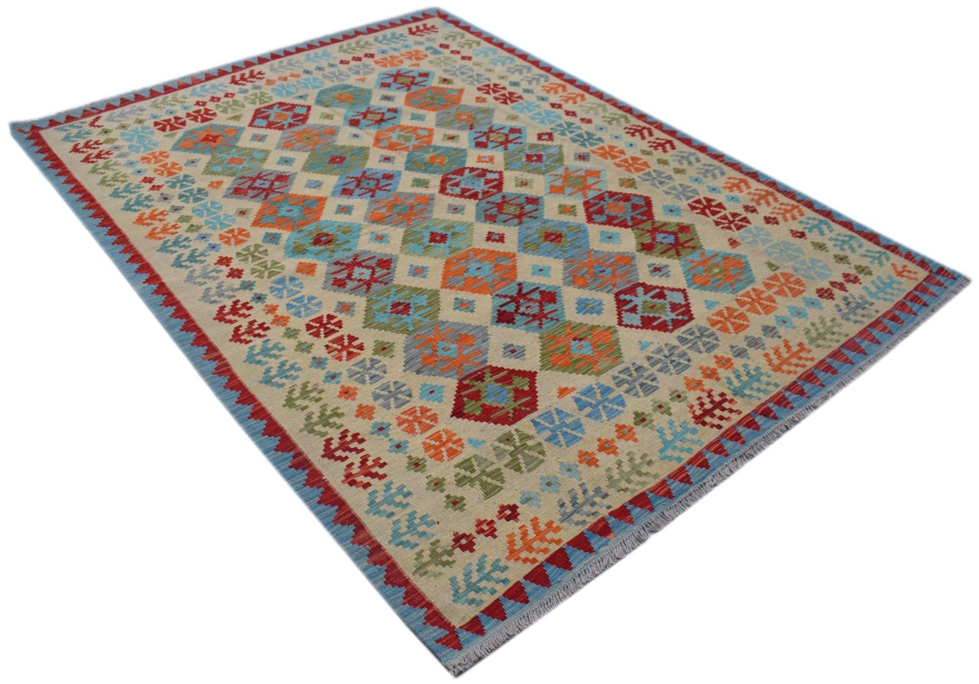 Handmade Afghan Maimana kilim rug featuring a colorful geometric diamond pattern on a cream base.