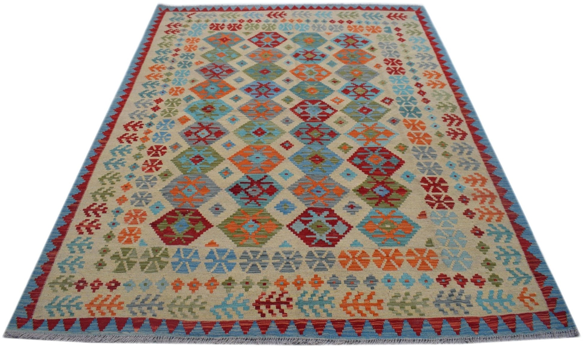 A handmade Afghan Maimana kilim rug featuring a colorful geometric diamond pattern on a beige base.