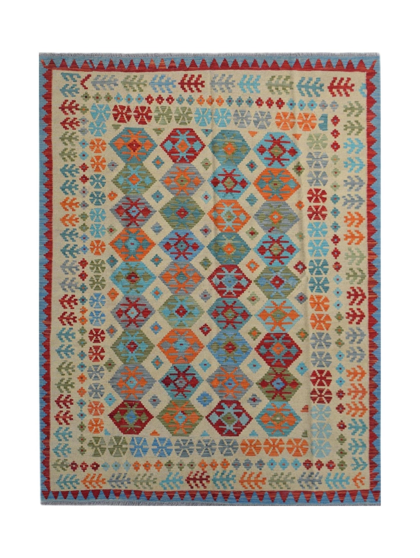 Handmade Afghan Maimana kilim rug featuring a colorful geometric diamond pattern on a cream base.