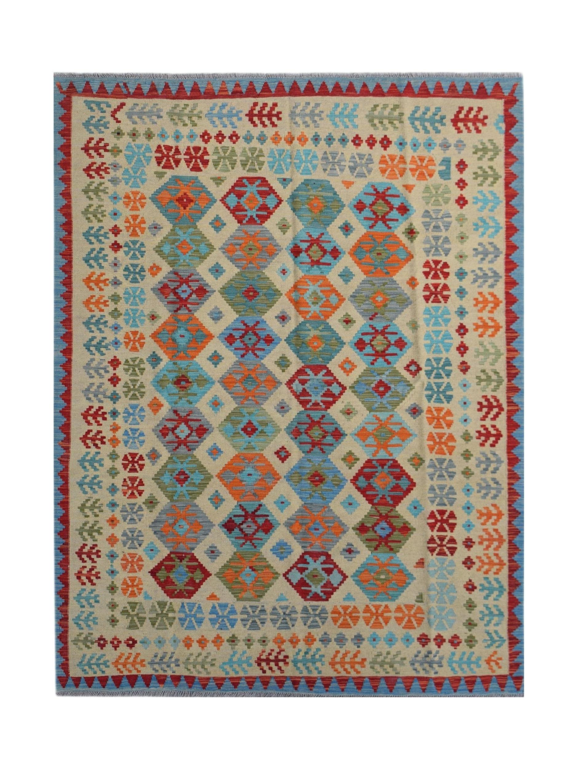 Handmade Afghan Maimana kilim rug featuring a colorful geometric diamond pattern on a cream base.