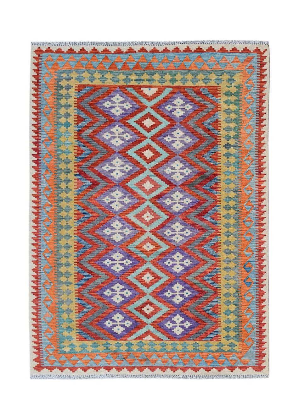 Handwoven Afghan Maimana kilim rug featuring a vibrant geometric pattern in wool.