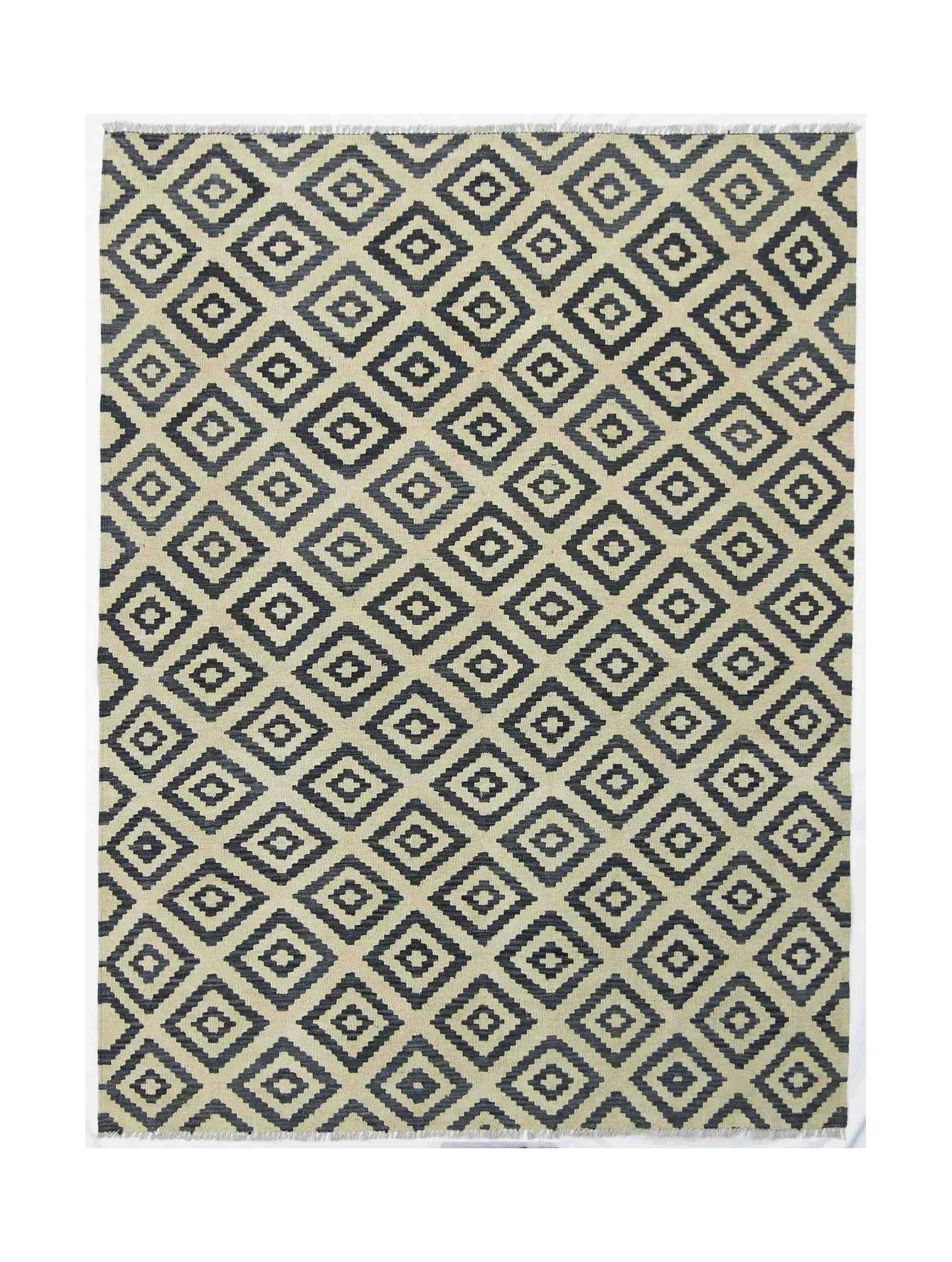 Handmade Afghan Maimana kilim rug featuring a repeating dark grey and beige geometric pattern.
