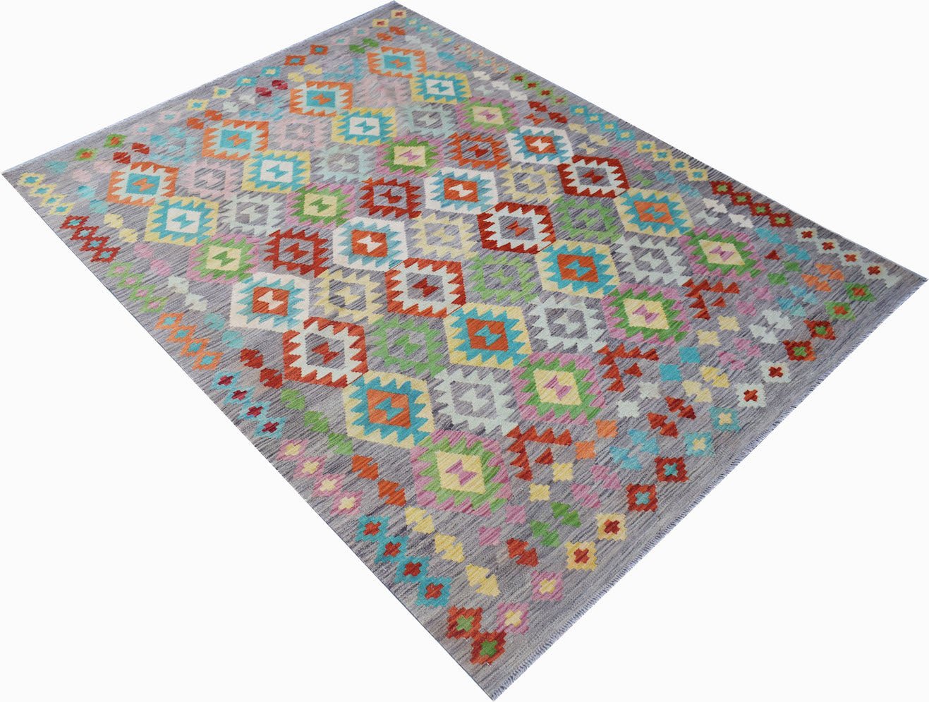 Afghan Maimana Kilim with geometric patterns in grey and multicolor.