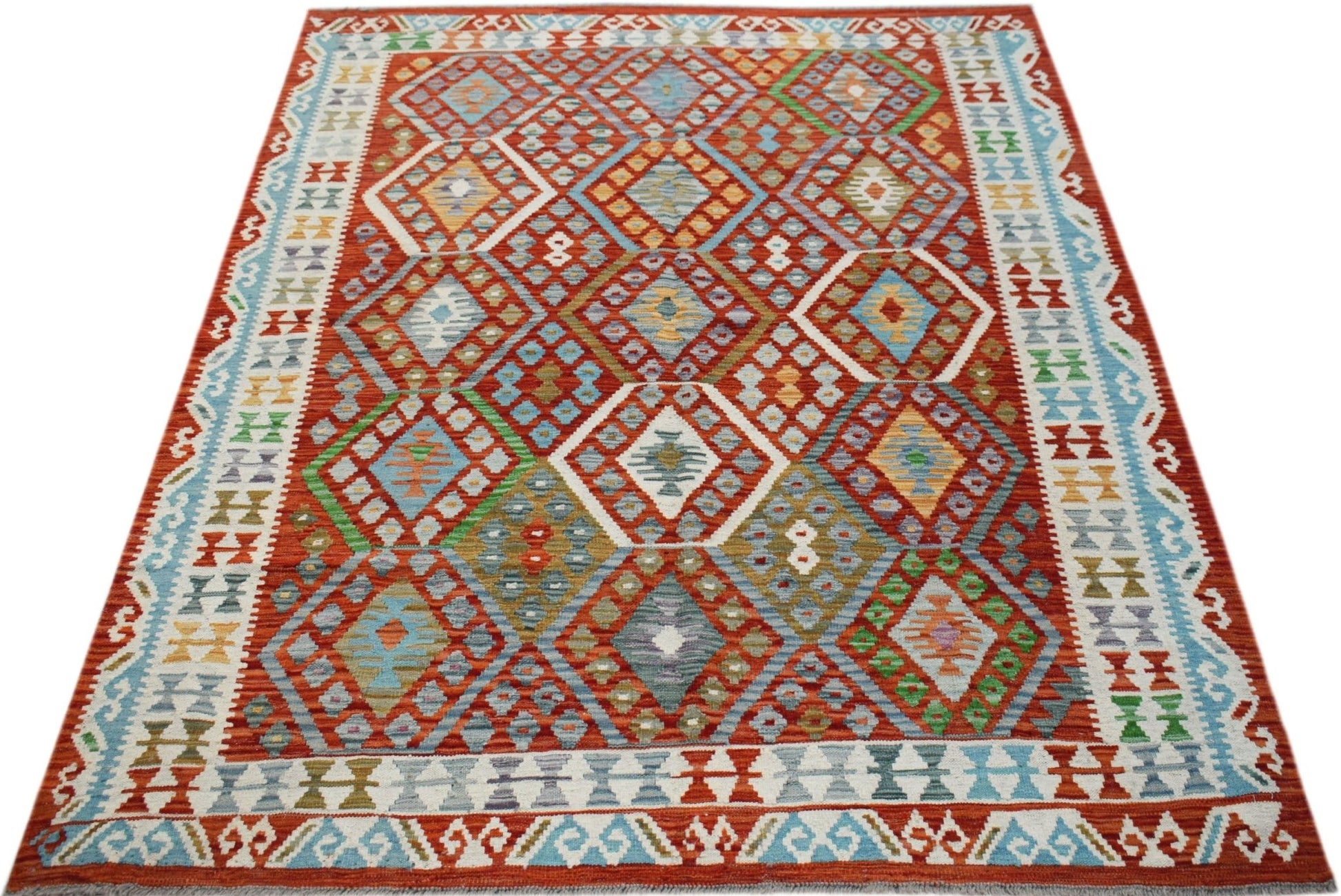 Handmade Afghan Maimana kilim rug featuring a vibrant geometric diamond pattern in wool.