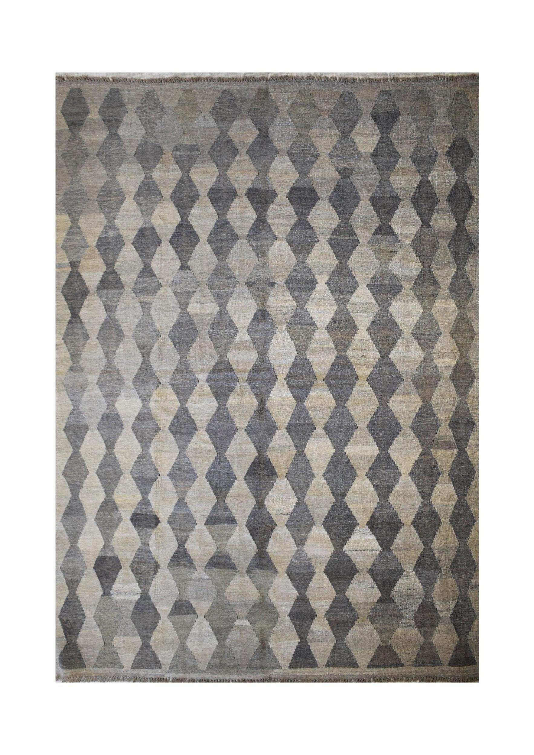Handmade Afghan Maimana kilim rug featuring a repeating grey and beige diamond pattern.